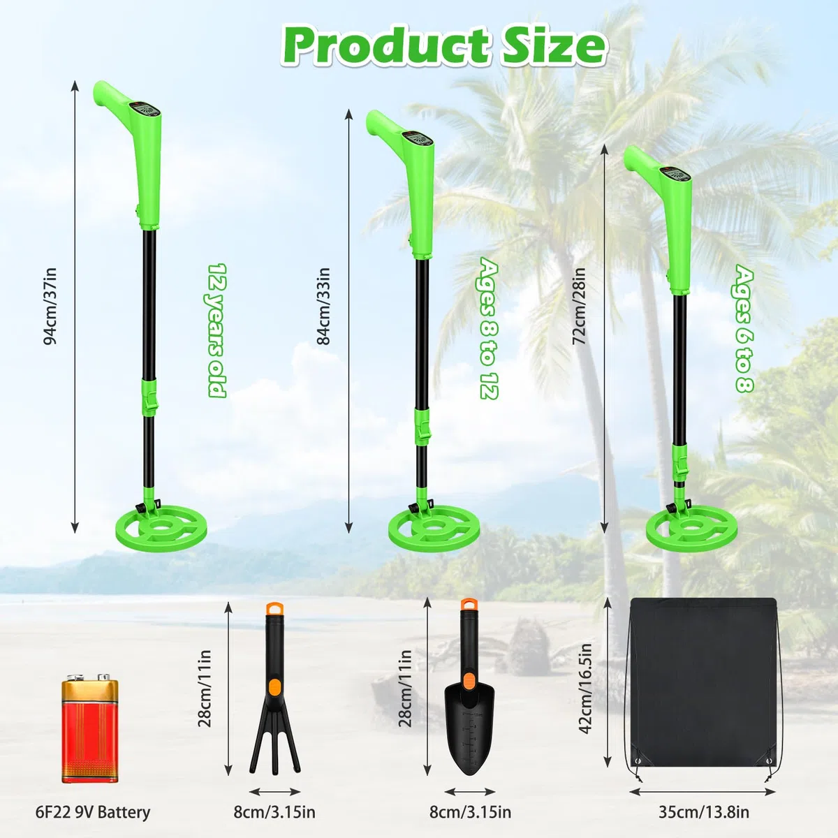 Metal Detector per bambini, rilevatore di metalli ad alta precisione con display LCD, rivelatore metallico leggero per bambini con manico regolabile, bobina di ricerca impermeabile da 6 pollici, verde