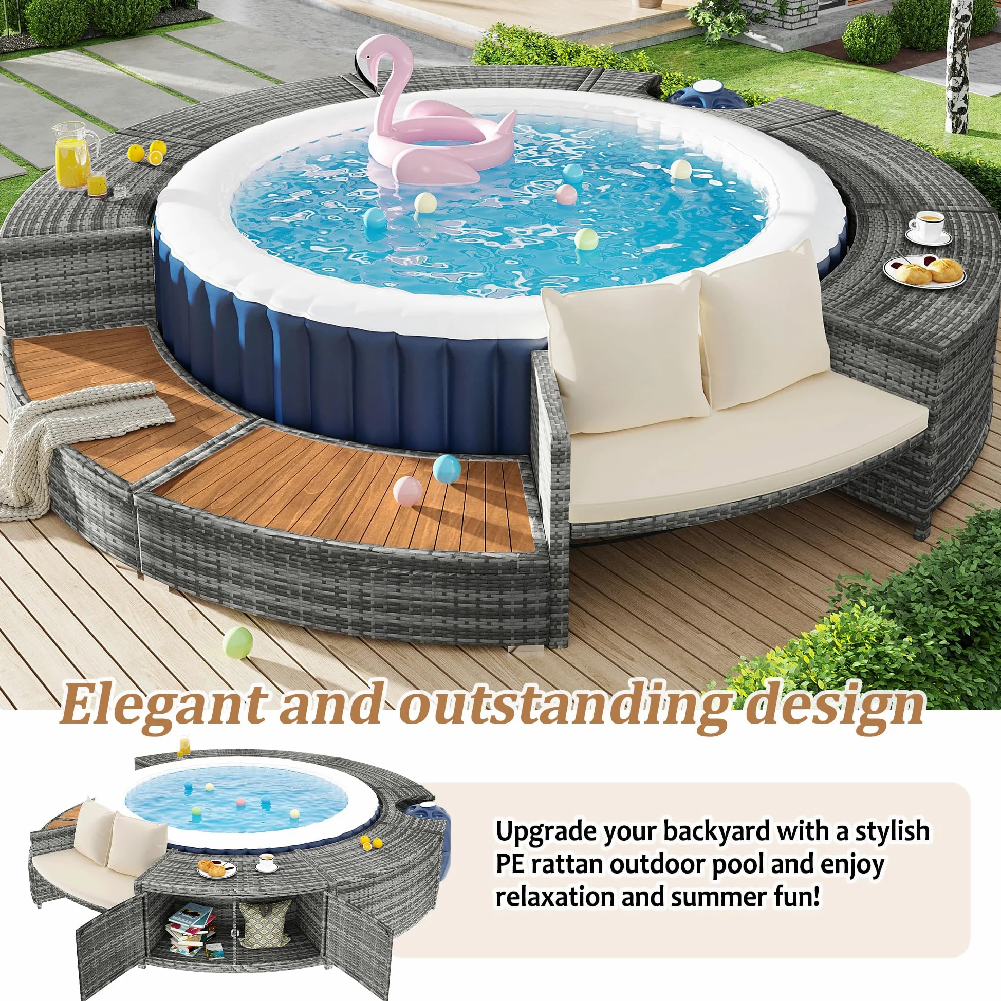 Shye Set da giardino con divano rotondo, set di mobili da giardino, set da salotto per vasca idromassaggio e piscina, con gambe regolabili, include cuscini, mobili per patio, giardino o piscina
