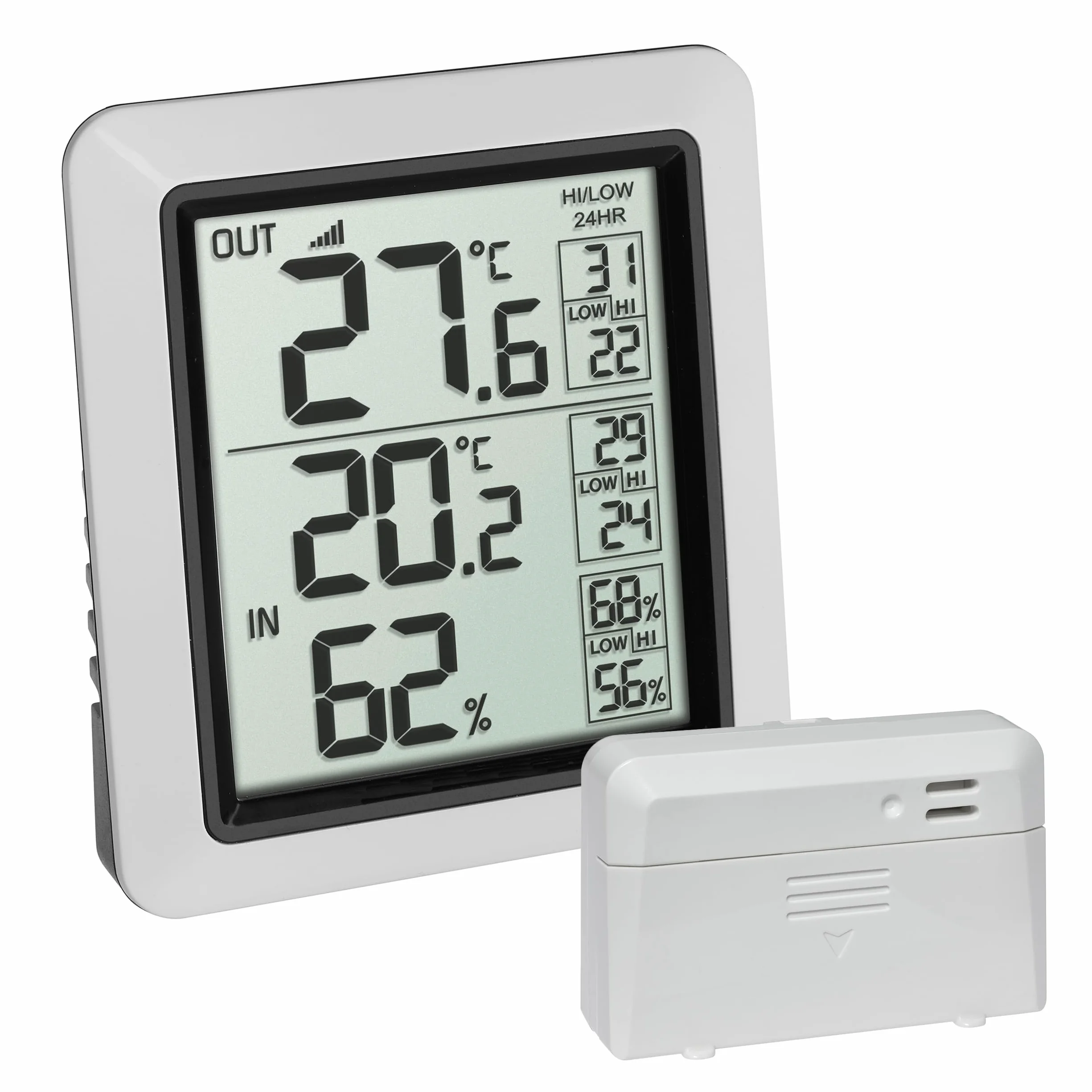 TFA Dostmann INFO termometro radio con sensore esterno, 30.3065.02, temperatura interna ed esterna, visualizzazione valori max. min., controllo del clima ambiente, misuratore di umidità, bianco