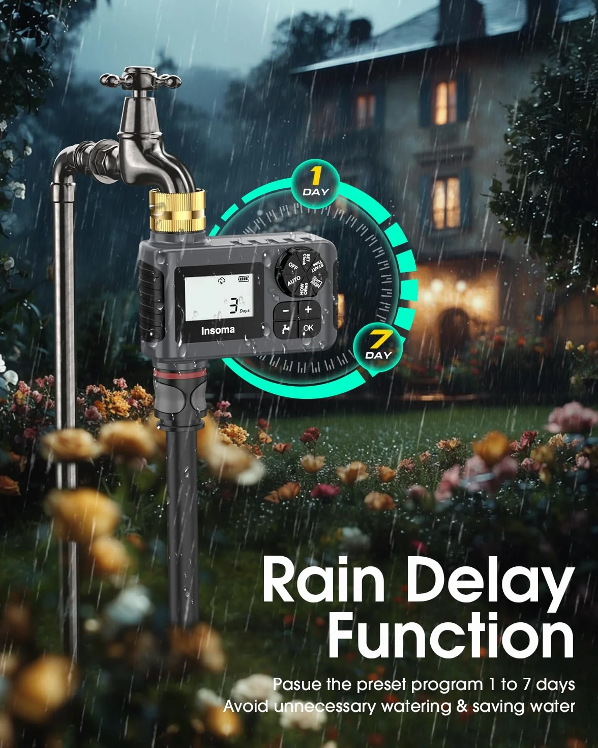 Timer dell'acqua per tubo da giardino esterno, timer per tubo flessibile con ritardo della pioggia/modalità manuale, sistema di controllo automatico per irrigazione a goccia per irrigazione da