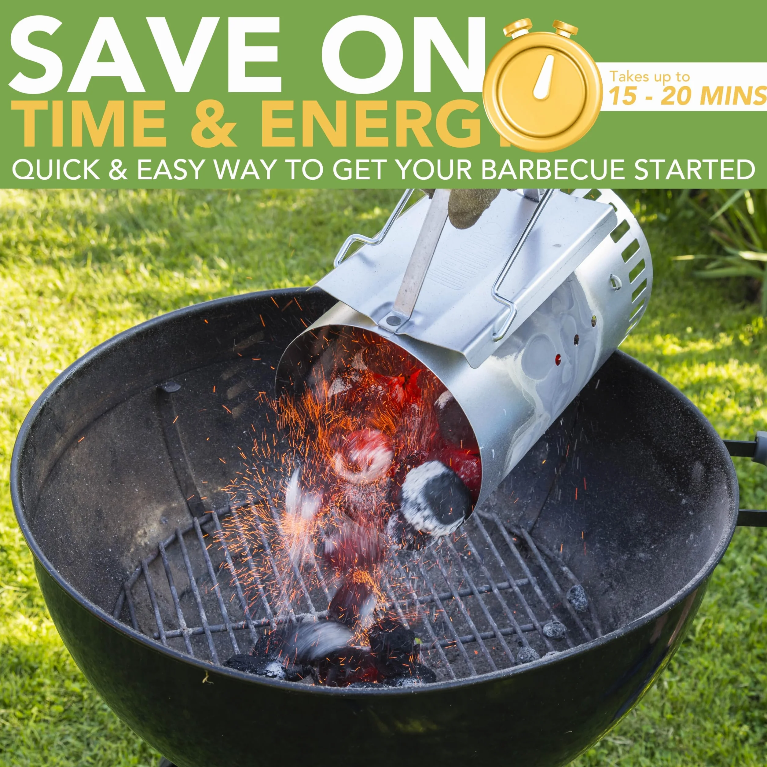 BLOSTM Accendi Fuoco per Barbecue - Extra Grande Accendi Carbonella Barbecue Avviamento Rapido, Acciaio Zincato, Maniglie di Sicurezza Isolate Termicamente - Accendi Carbonella, Grumi, Bricchette