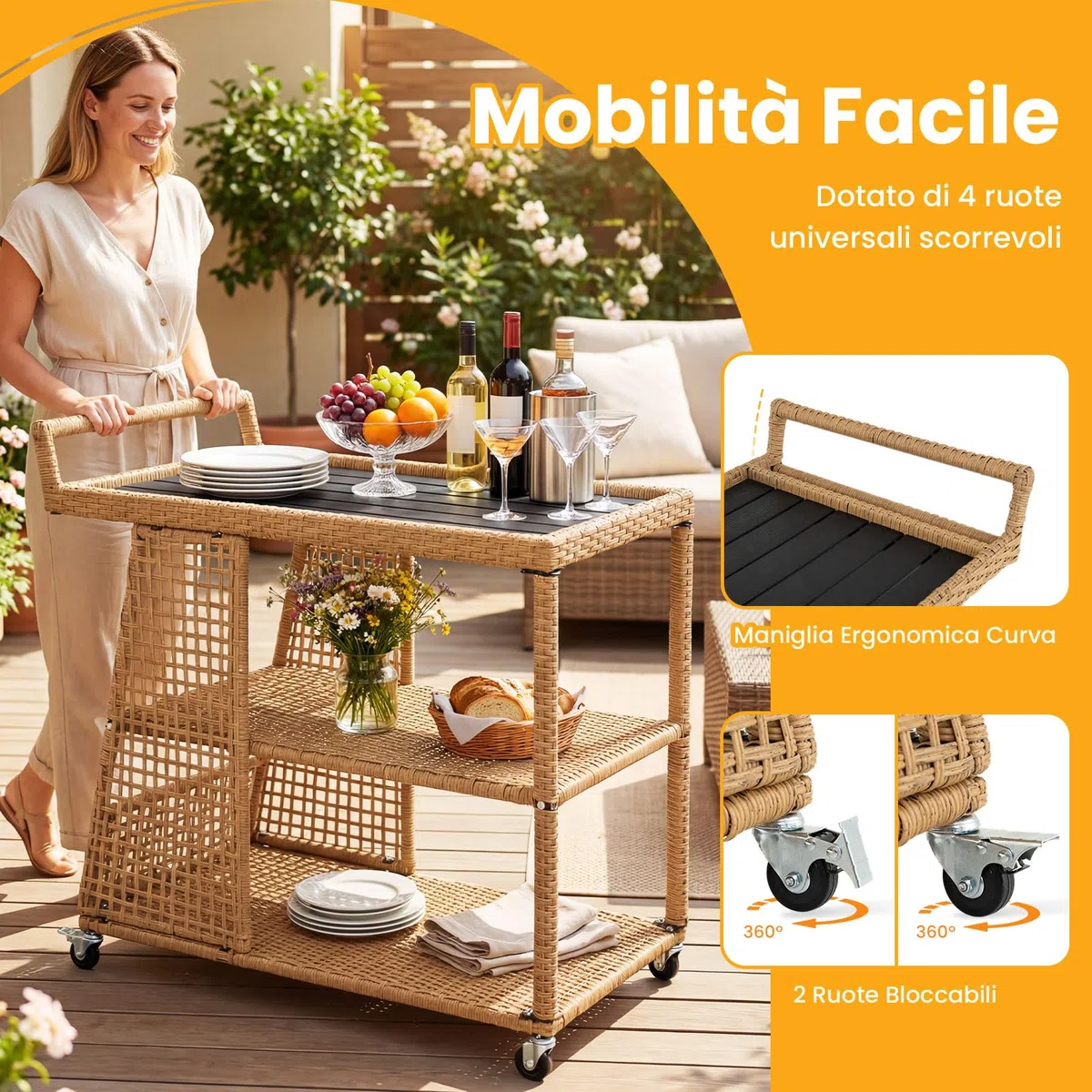 COSTWAY Carrello Bar da Esterno, Carrello Portavivande in Rattan con 4 Ruote, 3 Ripiani Aperto e Maniglia Laterale, Carrellino da Servizio per Cucina, Giardino e Bordo Piscina, 98 x 54 x 92 cm
