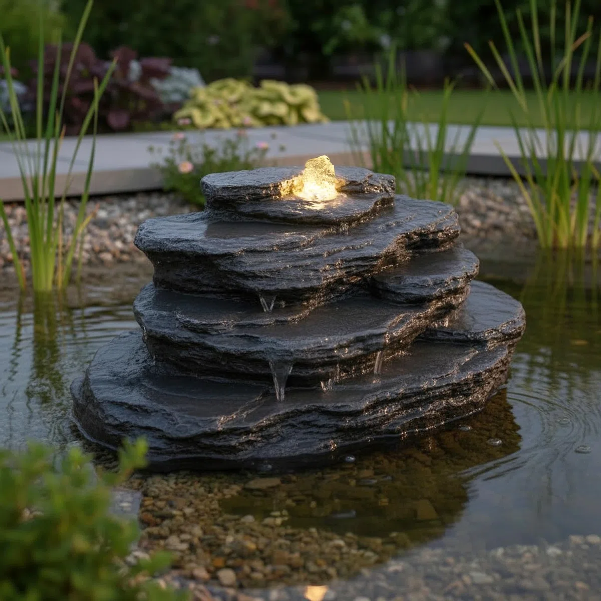 OG-KQS002 - Roccia per fontana artificiale con illuminazione a LED, aspetto pietra realistico, con tubo da 2 m, resistente alle intemperie, per laghetto e ruscello, effetto ardesia, fontana da