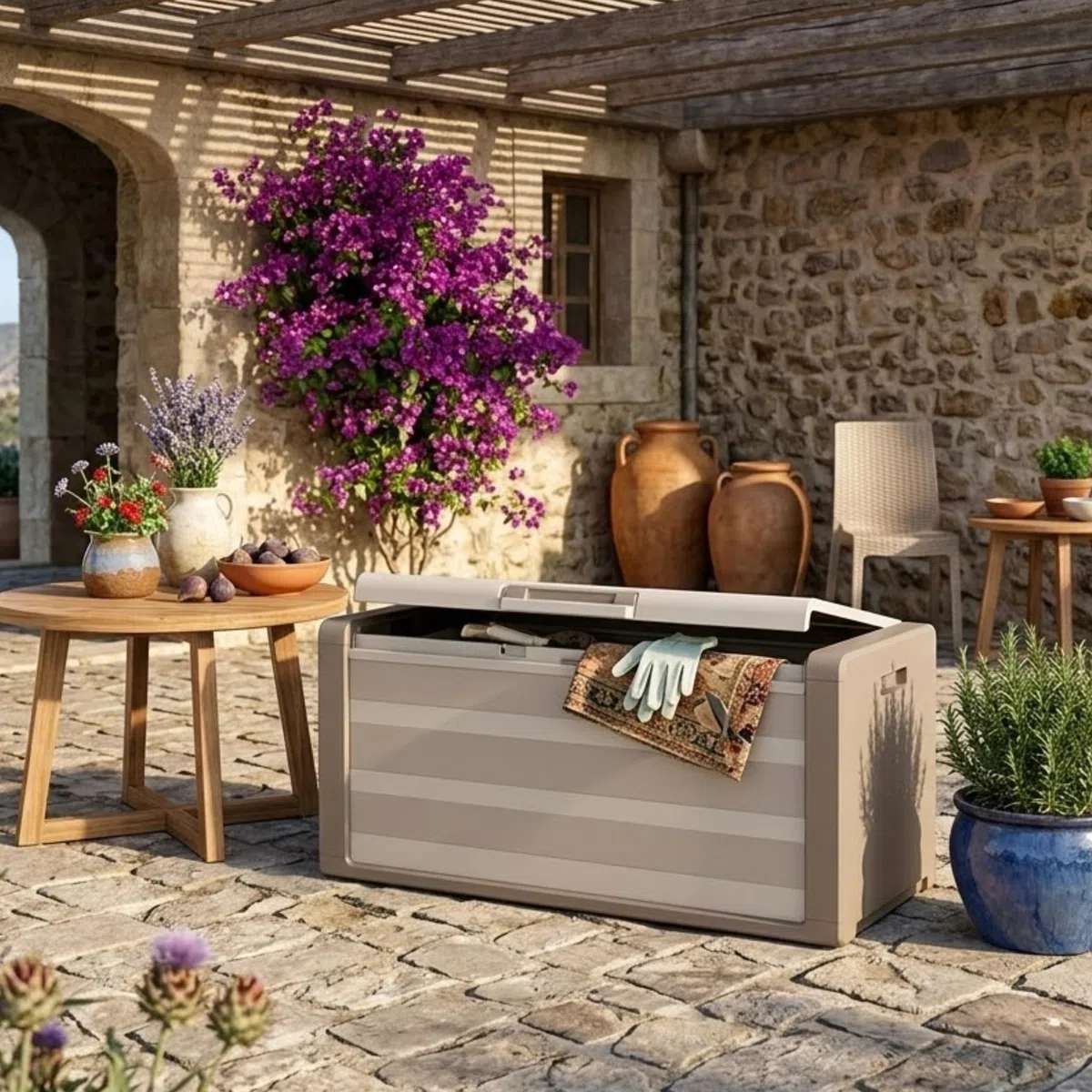 Baule Cassapanca in Resina Resistente Sabbia/Beige Predisposizione Lucchettabile Portaoggetti Contenitore Organizzatore per Esterno Interno Giardino 118x49x55 cm