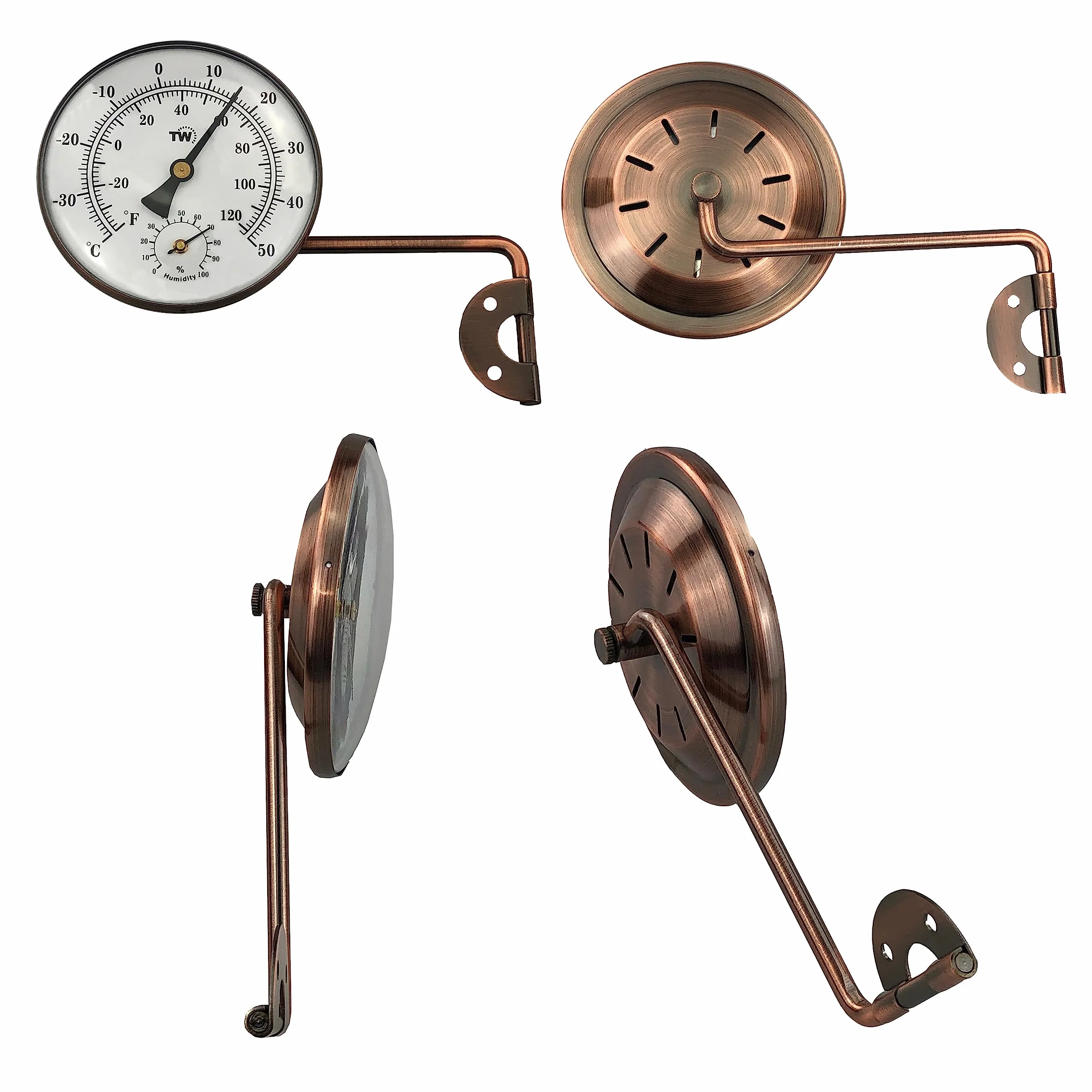 Termometro igrometro da esterno in ottone con elegante design del quadrante, termometro da giardino adatto per misurare temperatura esterna e umidità, per parete, serra, garage, braccio oscillante per
