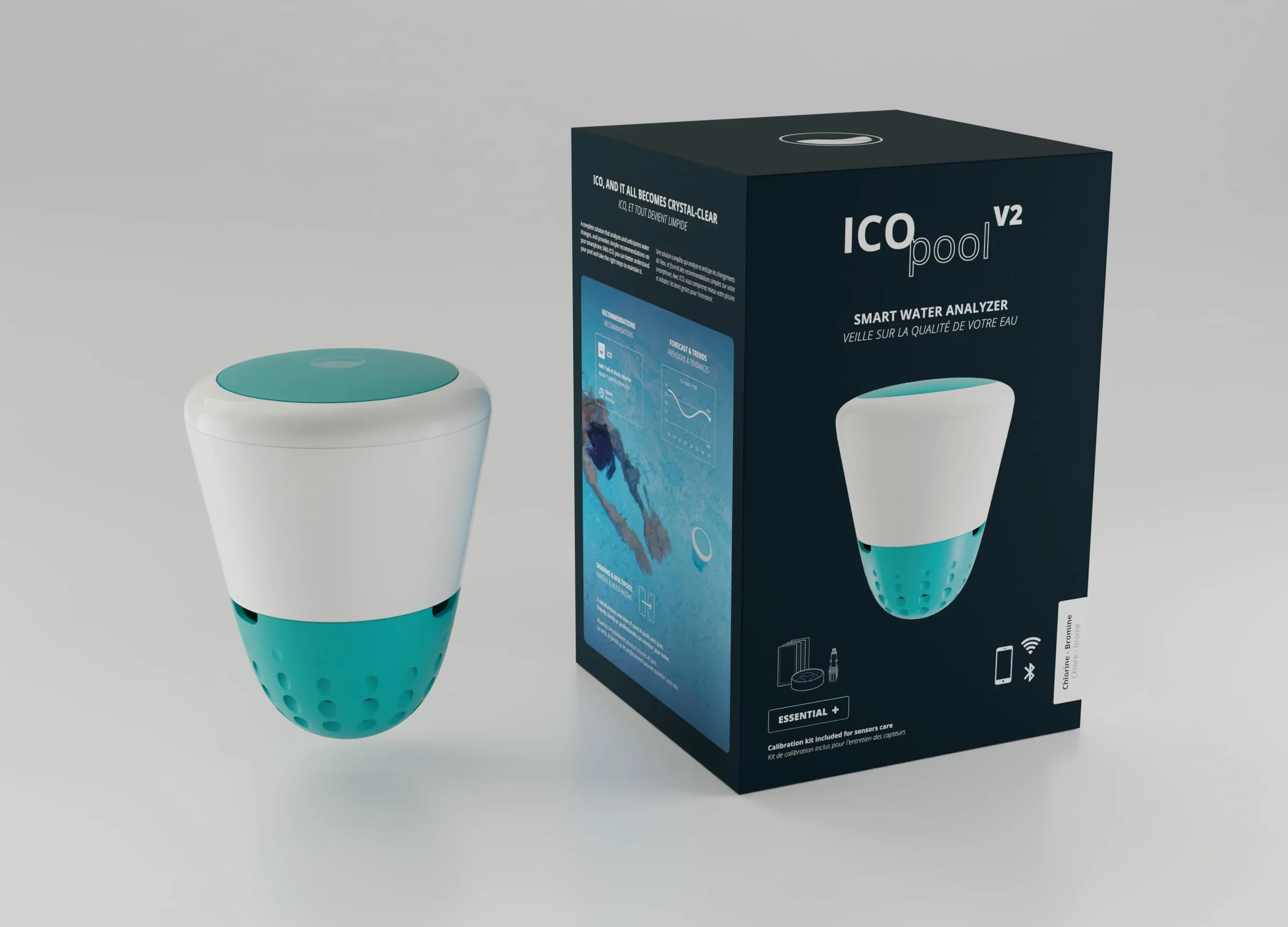 Ondilo ICO Pool V2 Essential+ Clore Brome - Analizzatore d'acqua collegato per piscine trattate con Coro o Bromo - Misurazioni ogni ora pH, ORP, temperatura dell'acqua - Kit di calibrazione incluso