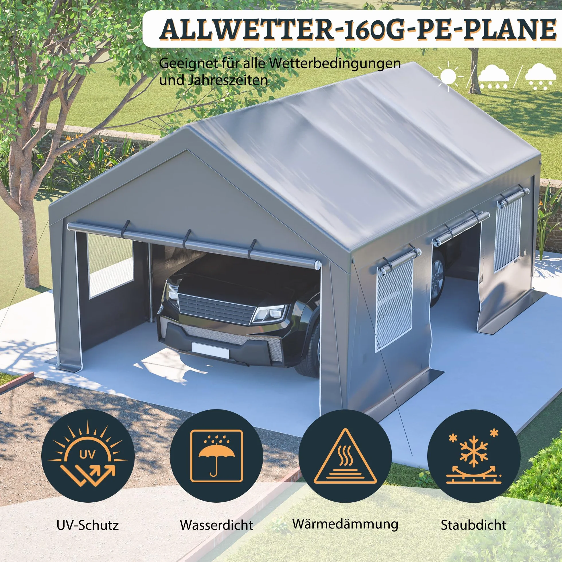 Carport Garage - Tenda da garage, 4 x 6 m, impermeabile, con finestra arrotolabile, tenda di stoccaggio, capannone per stalla, tenda di protezione da esterno per auto, barca