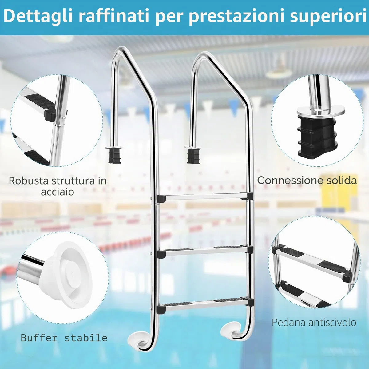LIFEZEAL Scala per piscina a 3 gradini in acciaio inox, scala da piscina a forma di U con gradini antiscivolo e comode mani correnti, ideale per piscina, spa, parco