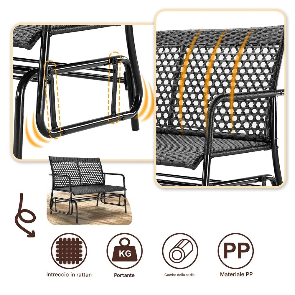 BAKAJI Panchina a Dondolo in Rattan 2 Posti da Esterno, Panca da Giardino Basculante, Divanetto Dondolante Ergonomico con Struttura Resistente ai Raggi UV e Intemperie, Adatto Balconi, Patio, Terrazzo