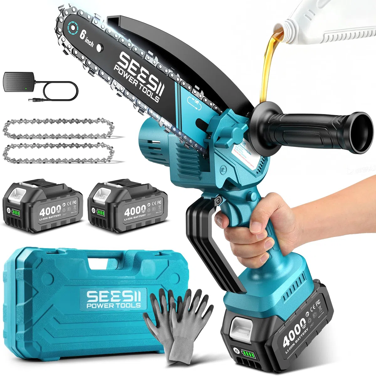 SEESII Mini Motosega a Batteria da 6 Pollici con Batterie 2x4.0Ah | Motosega Elettrica Leggera con Lubrificazione Automatica e maniglia, Perfetta per Giardinaggio, Taglio Legna e Campeggio