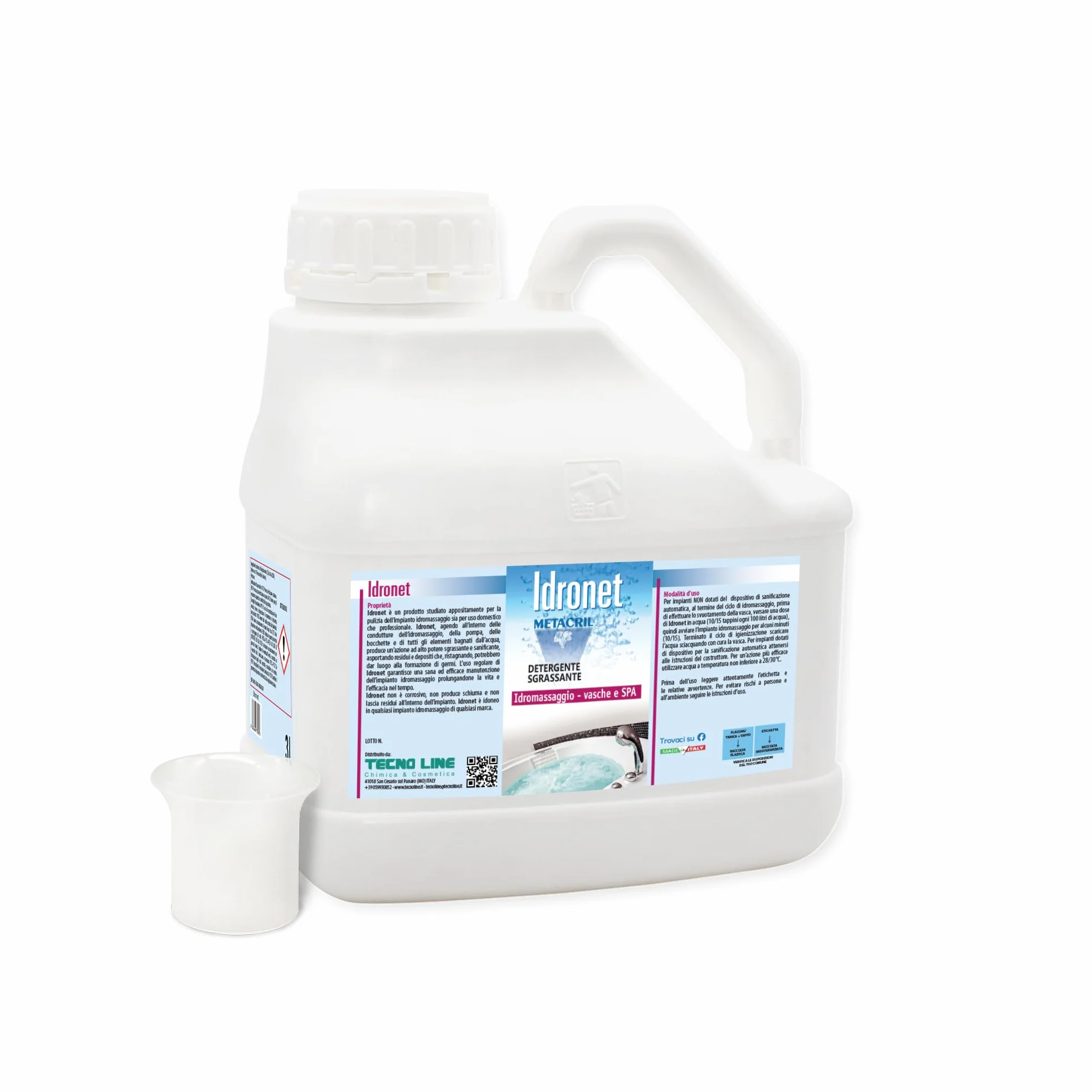 Metacril Idronet 3 LT Sanificante Specifico Universale per Vasca Idromassaggio Spa + Bicchierino Dosatore Graduato - Non Schiumogeno Ad Azione Igienizzante, Sgrassante e Anti Muffa.