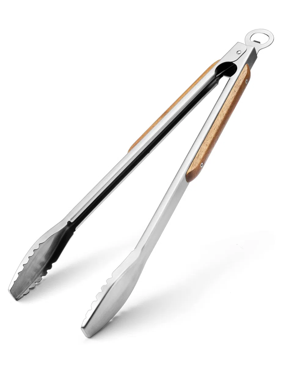 Pinze per griglia, 50 cm, ultra lunghe, in acciaio inox, con manici in legno massello, per grigliare, barbecue, barbecue, cottura