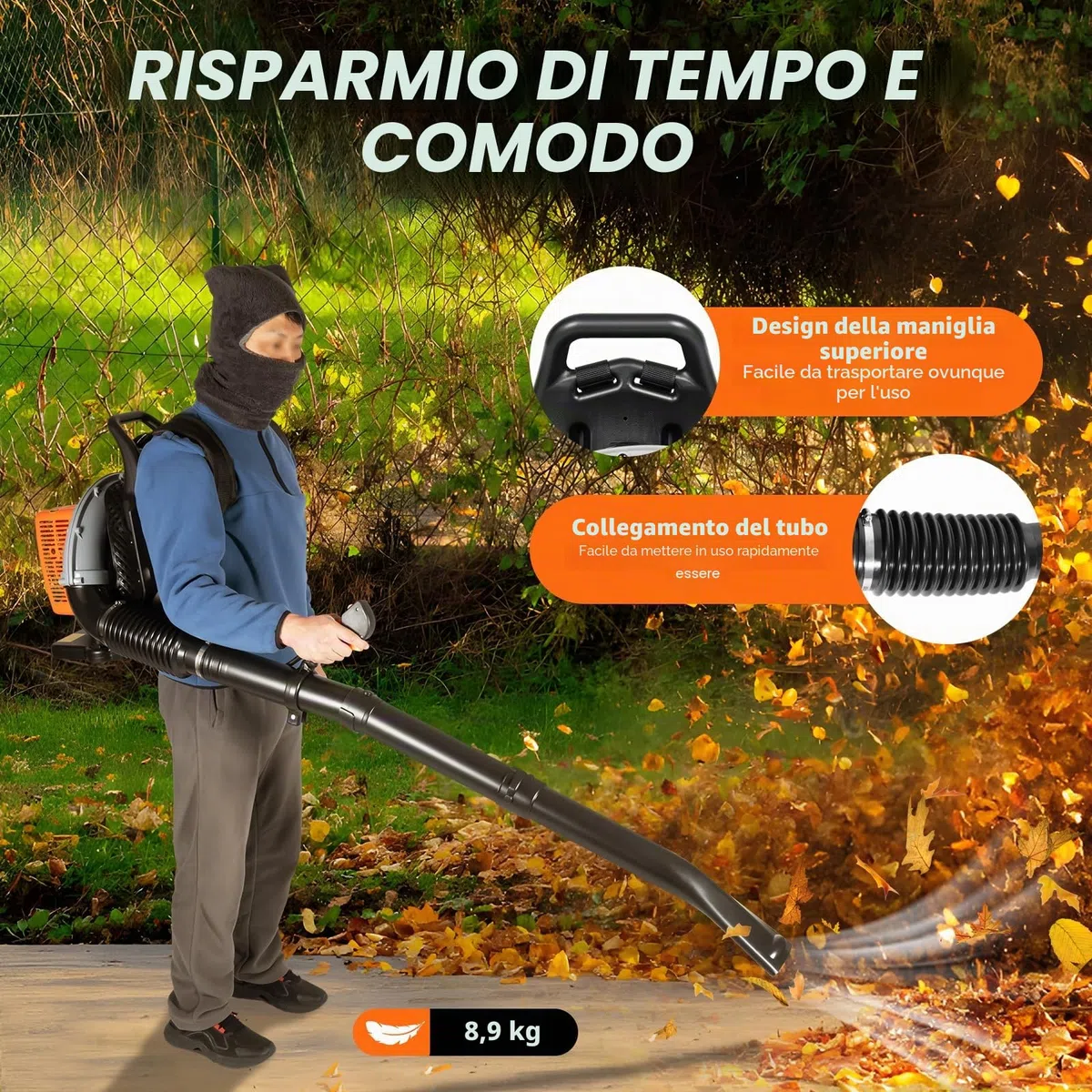 Soffiatore a zaino a benzina da 65 cc, motore raffreddato ad aria, leggero, senza fili, con cinghie di comfort migliorate e attrezzature di sicurezza, per giardino, foglie, polvere e neve