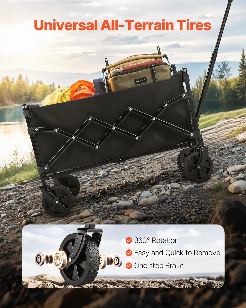 VEVOR Carrelli Pieghevoli da 120 L Capacità di Peso 102,06 kg Carrello Multiuso per Esterni Resistente con Ruote per Tutti Terreni, Maniglia Regolabile, per Spiaggia, Alimentari, Giardino, Nero