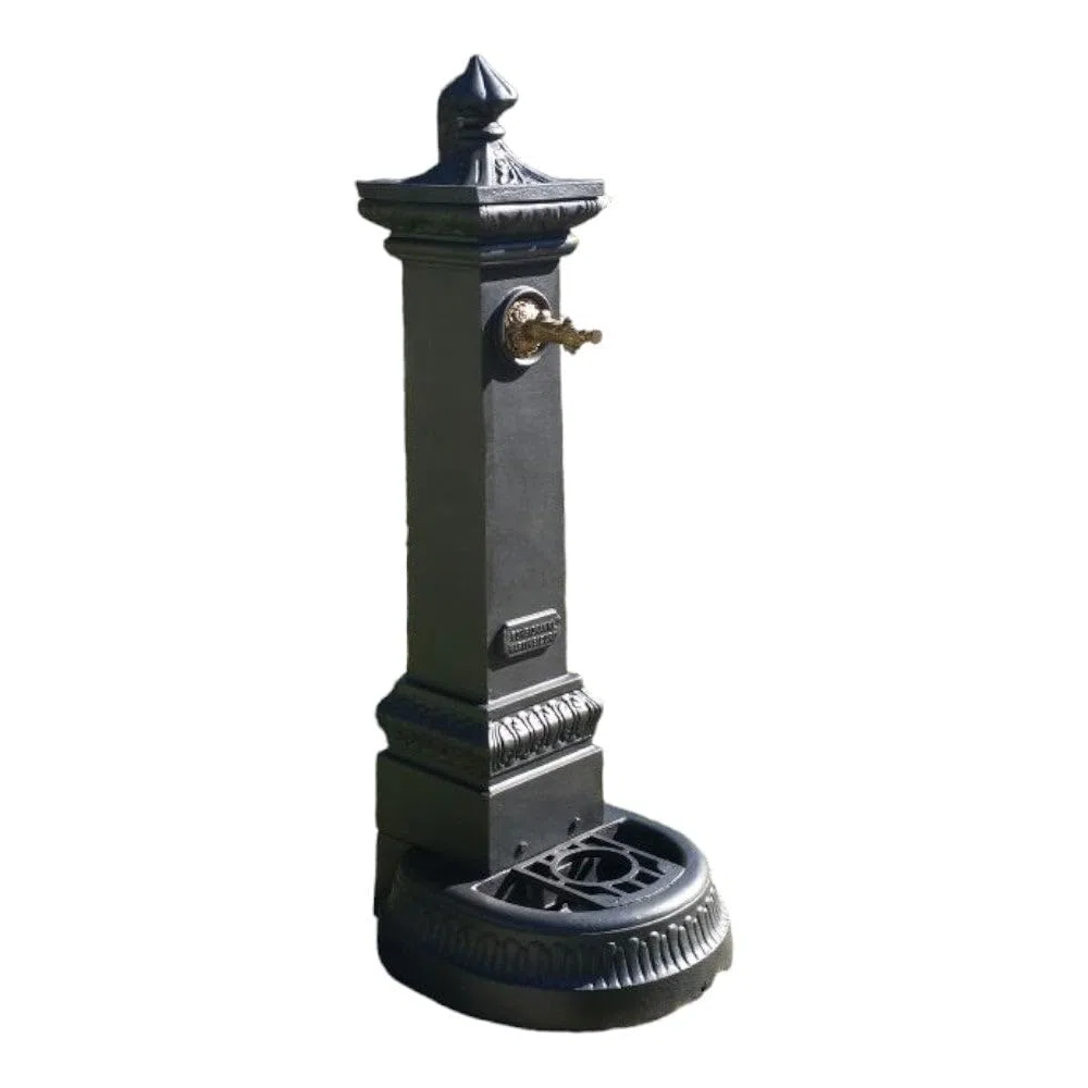 Fontana Da Pavimento in Ghisa Antracite Da Esterno per Giardino, Adatta Agli Agenti Atmosferici, Dimensioni 41x37xH100 Cm, Colore Antracite, Senza Rubinetto