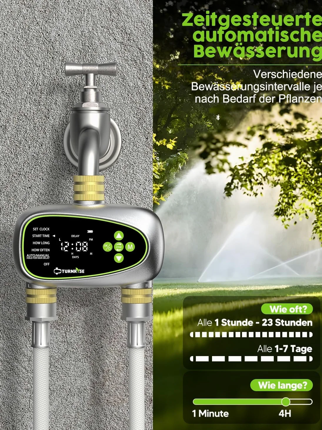 Centralina di Irrigazione 2 Vie Timer Irrigazione con Ingresso e Uscita in Ottone Ritardo della Pioggia e Irrigazione Automatica Manuale con Programmi per Prati e Giardini