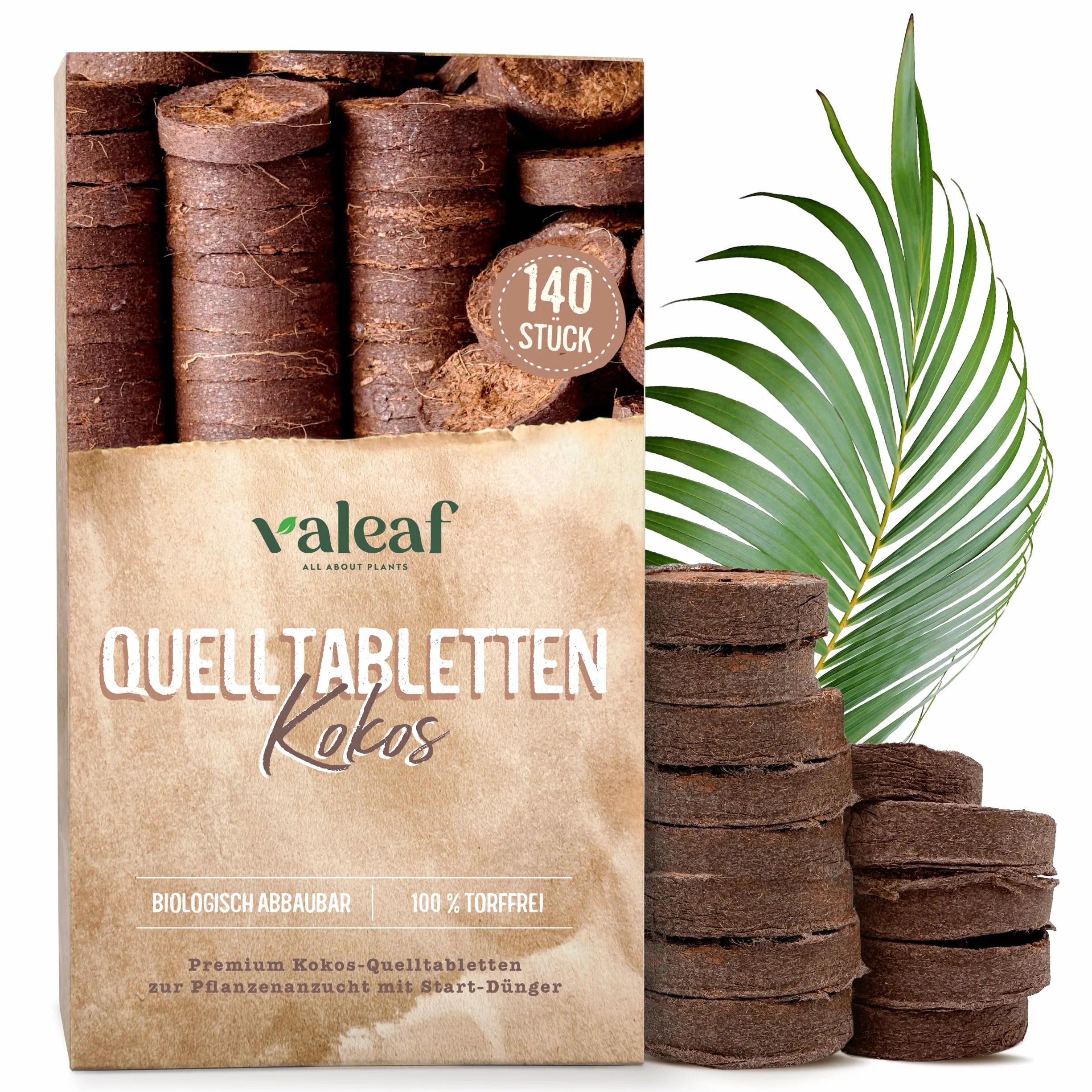 valeaf Pastiglie di Cocco, 140 Pezzi - Terriccio di Cocco Senza Torba con concime Iniziale, terriccio Ideale per la Coltivazione di talee per Un Facile radicamento
