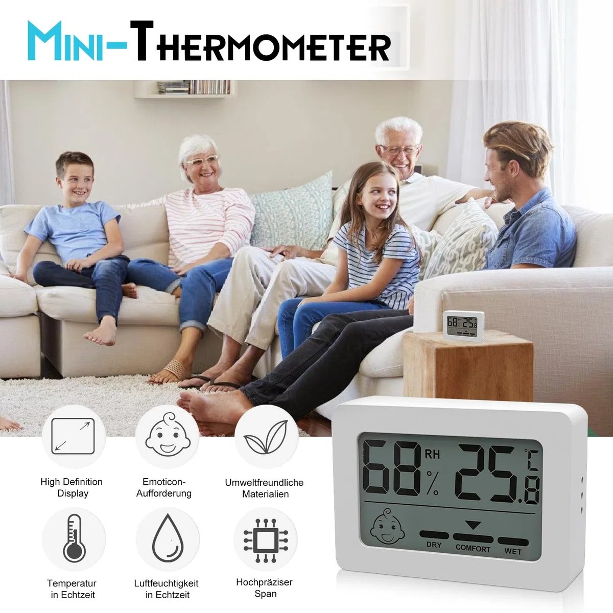 Termometro igrometro digitale per interni, 6 mini misuratore di umidità, indicatore Smiley, per camera dei bambini, soggiorno, ufficio, bianco