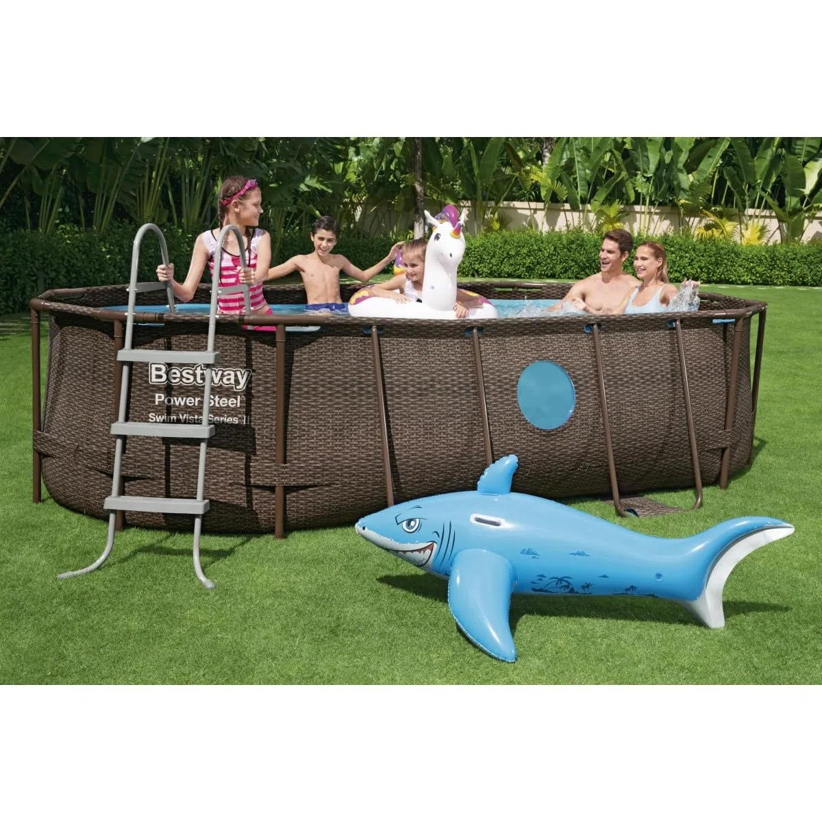 Piscina fuoriterra Ovale BESTWAY Power Steel Swim Vista Series con Oblò, Cm. 427x250x100, Capacita' 7.250 Litri