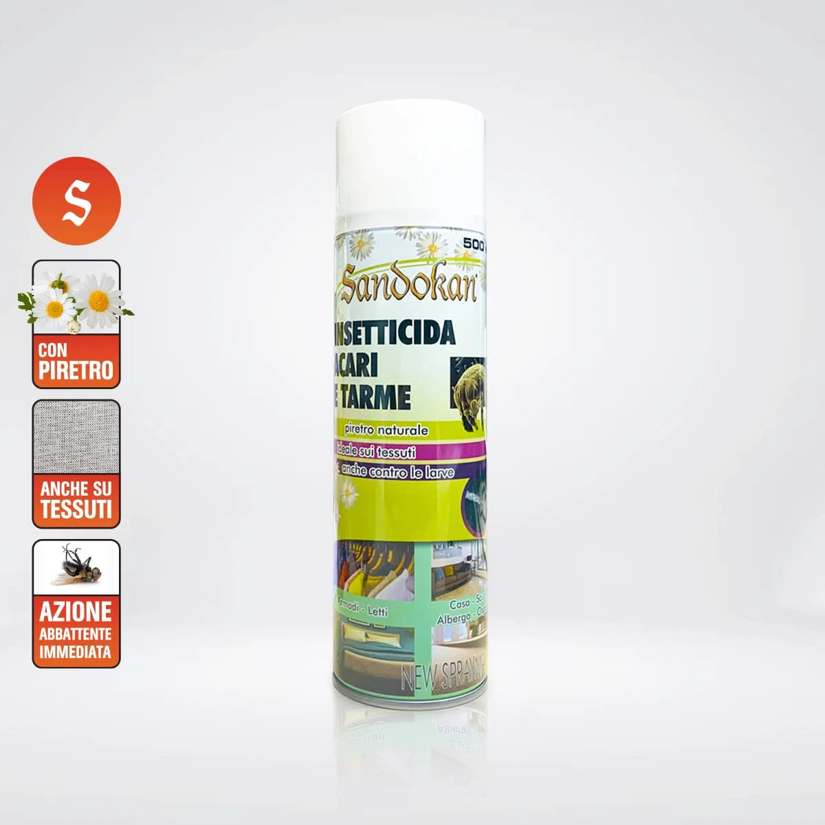 Sandokan, Insetticida Acaricida Spray 500ml, Spray Antiacaro per Materassi e Tessuti a Base di Piretro Naturale, Anti Acari Tarme Zecche e Ragni, Non Macchia e Non Puzza, Made in Italy