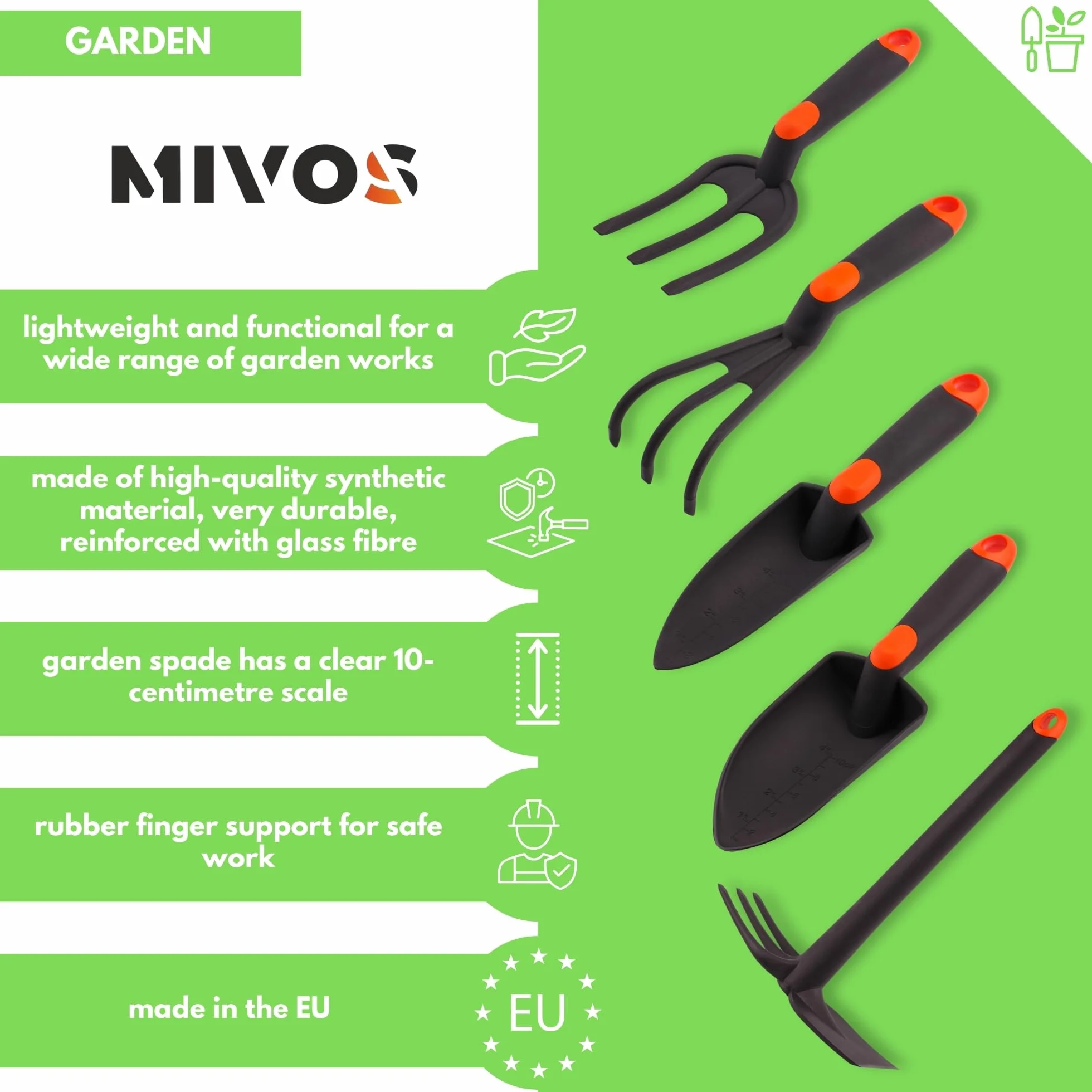MIVOS Set di Attrezzi da Giardino per la Cura del Giardino - Artiglio - Doppia Zappa - Cazzuola per Fiori - Mini Forchetta - Attrezzi da Giardino in Plastica Rinforzata con Fibra di Vetro