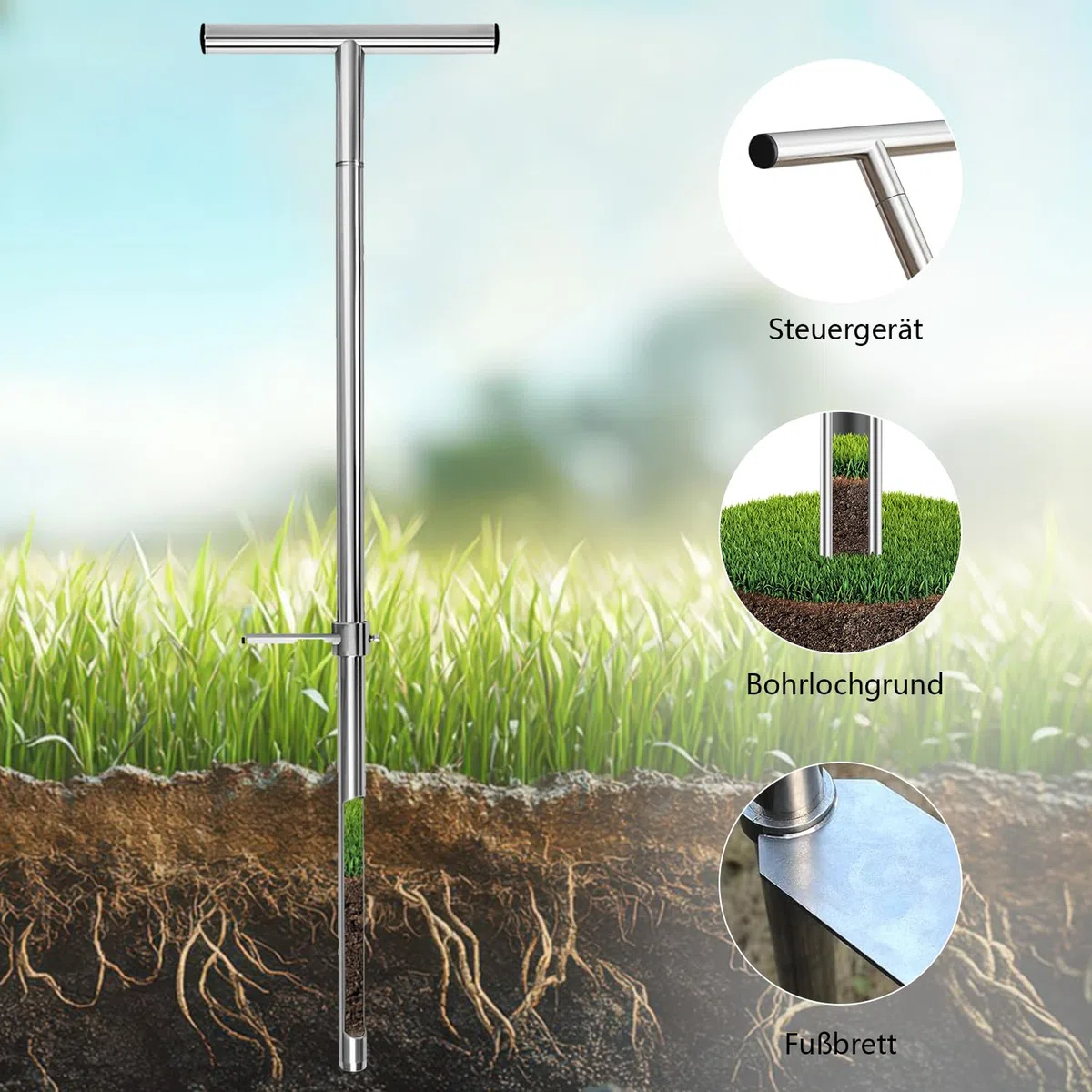 Sonda per campione di terreno, 91 cm, in acciaio inox, con impugnatura a T e pedale, campionatore a T con 2 campioni riutilizzabili, campionatore per la cura delle piante, giardino, prato, agricoltori