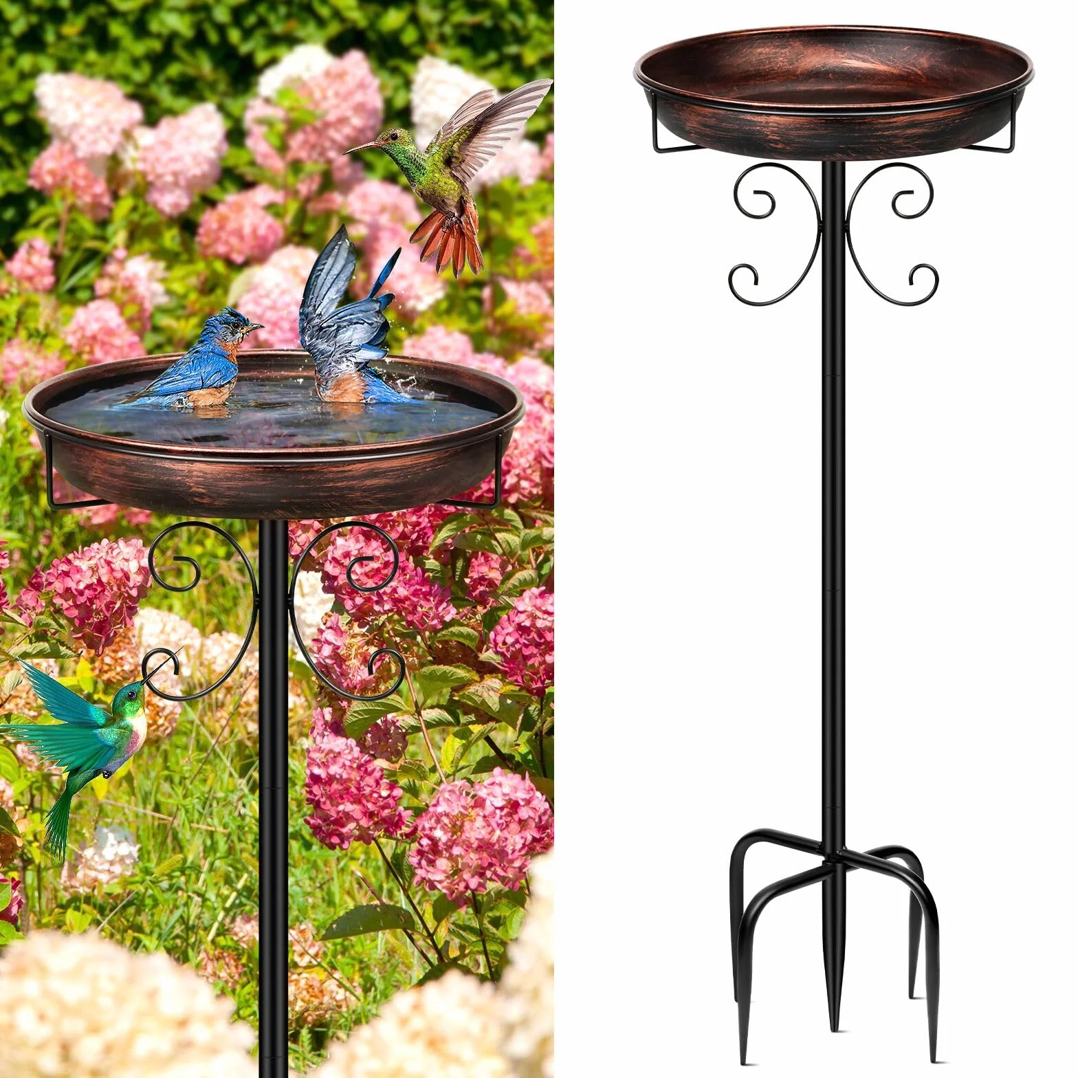 Daoeny Vasca per uccelli in metallo da 89 cm, per esterni, vaschetta per uccelli e mangiatoia per uccelli, ciotola per uccelli per esterni, giardino, patio, cortile, prato, base aggiornata a 5 punte