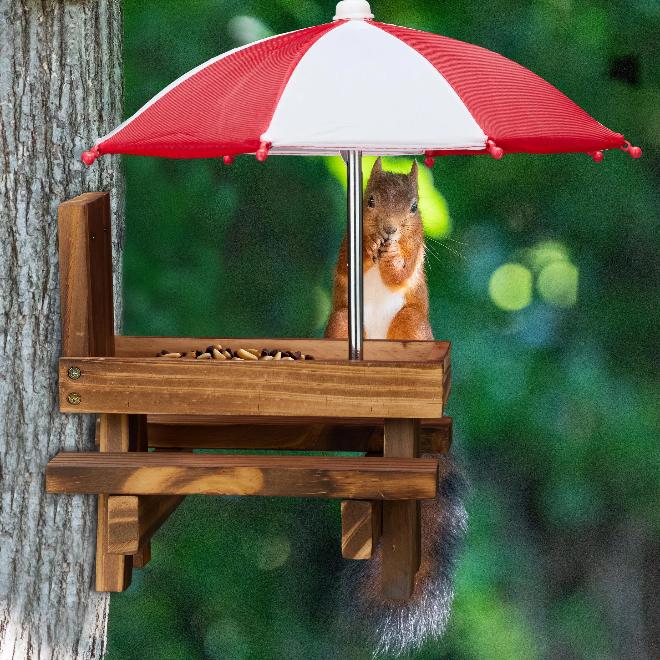 Relaxdays Tavolino Mangiatoia per Scoiattoli, Stazione Appesa con Ombrelloni, per Gli Alberi, in Legno, Marrone Scuro