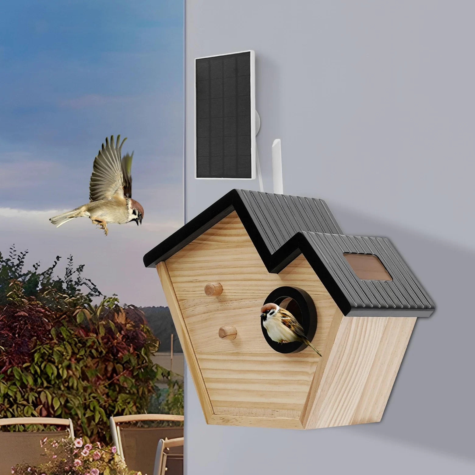 Casetta per uccelli con telecamera e pannello solare, nidificatore con rilevamento di uccelli KI, IP65 resistente alle intemperie, batteria da 4400 mAh, per giardino e balcone