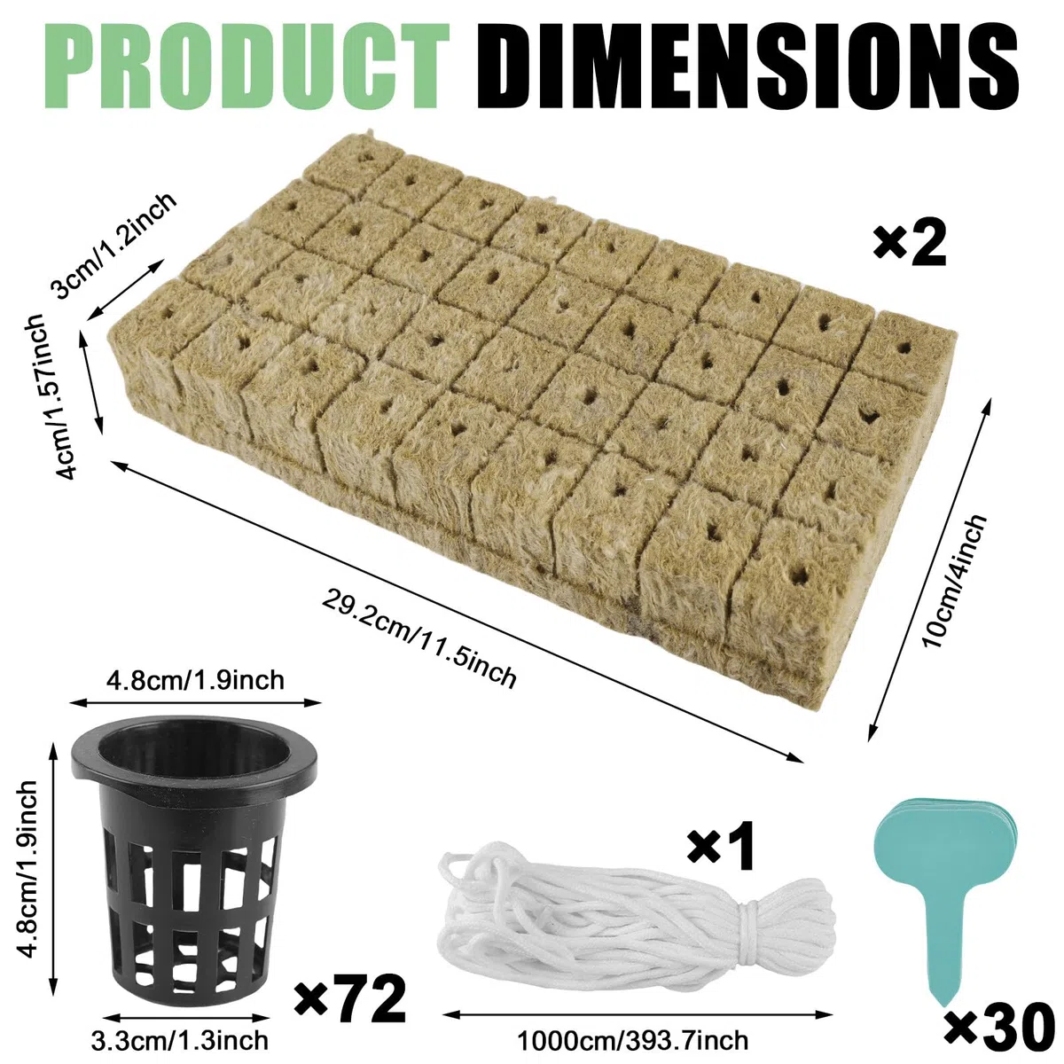BAIFULAI Set di 72 lana di roccia con 72 cubetti di lana di roccia + 72 vasi a rete + 30 etichette + corda di cotone da 10 m, vaso idroponico, vaso per piante coltivate, Rockwool Grow Cubes