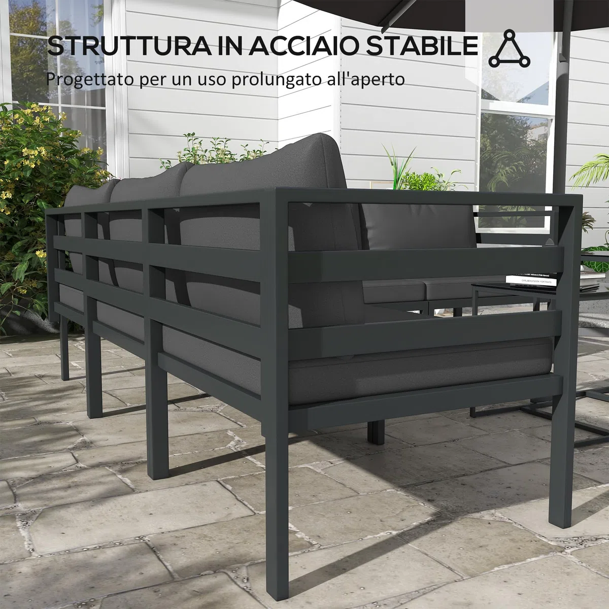 Outsunny Set Salotto da Giardino da 7 Pezzi 5 Poltrona da Esterno Grigio | 2 Tavolini da Caffè con Piano in Vetro, Cuscini, Set di Mobili in Acciaio e Poliestere