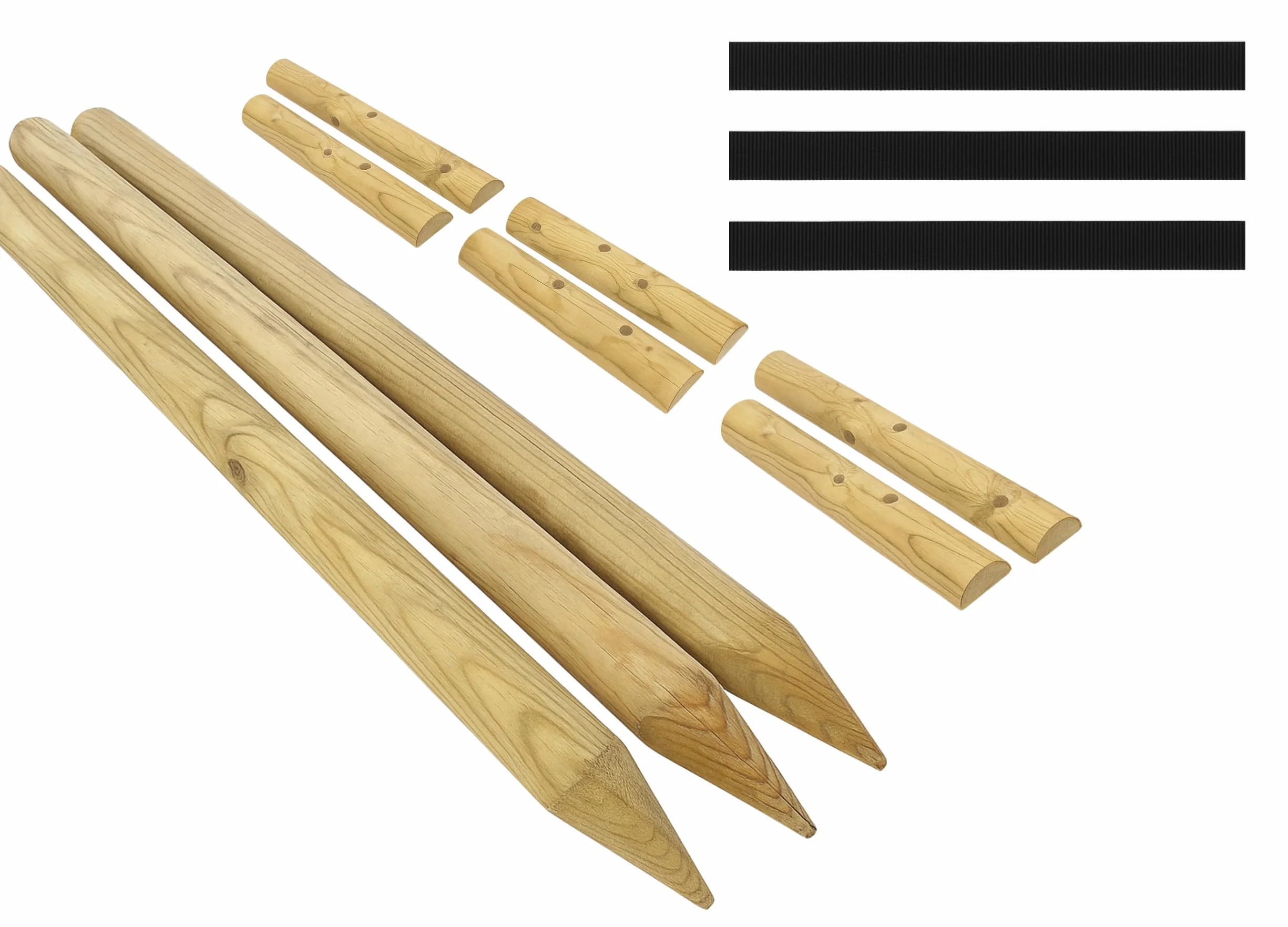 Kit Tutto Incluso per Sostegno Alberi ø 7 cm x 220 cm con 3 Pali in Legno, 3 Cinghie Nere e 6 Semipali in Legno per Fissaggio e Supporto Piante