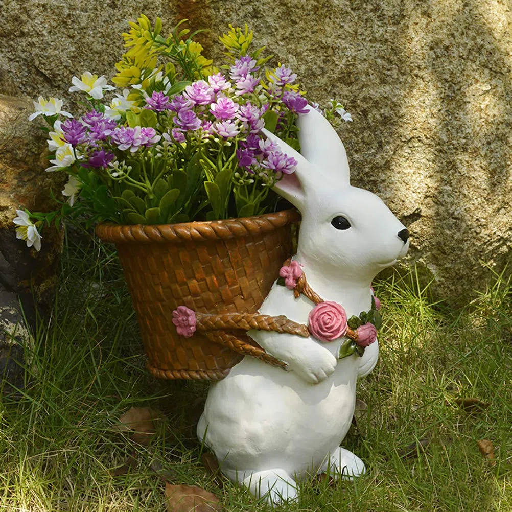 Ornamenti da Giardino Vaso da Fiori Decorativo per Coniglio per Decorazioni da Giardino per Esterni Materiale Resina 30 * 29 Cm (Bianco)