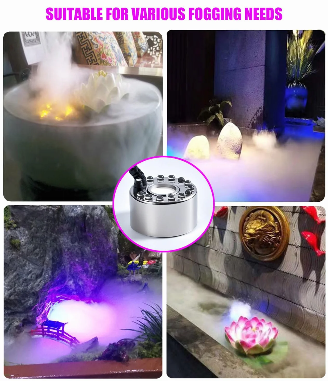 KINGYEENUO Fogger - Fogger a ultrasuoni 350 ml/H con 12 luci LED, Splash Guard, Float e 3 dischi di ricambio per acquario, stagno, serbatoio di pesce, alloggiamento rettile, Rocky, fontana interna
