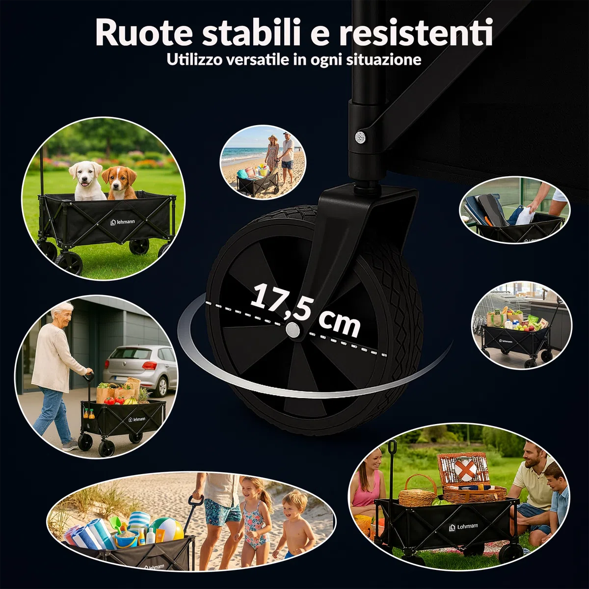 LEHMANN MOBI Carrello Spiaggia Pieghevole 110L con Ruote Grandi, Carrello con Ruote Portatutto fino a 80 kg, Carrello da Spiaggia per Bambini, Spesa, Mare, Giardino e Camping