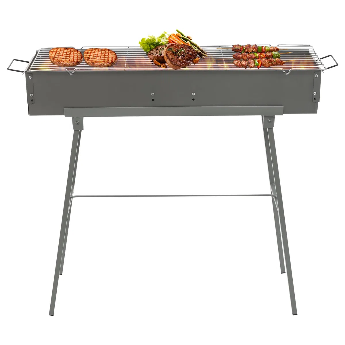 Barbecue portatile a carbonella, 80 x 18 cm, pieghevole, portata 35 kg, griglie in lega di zinco e ferro