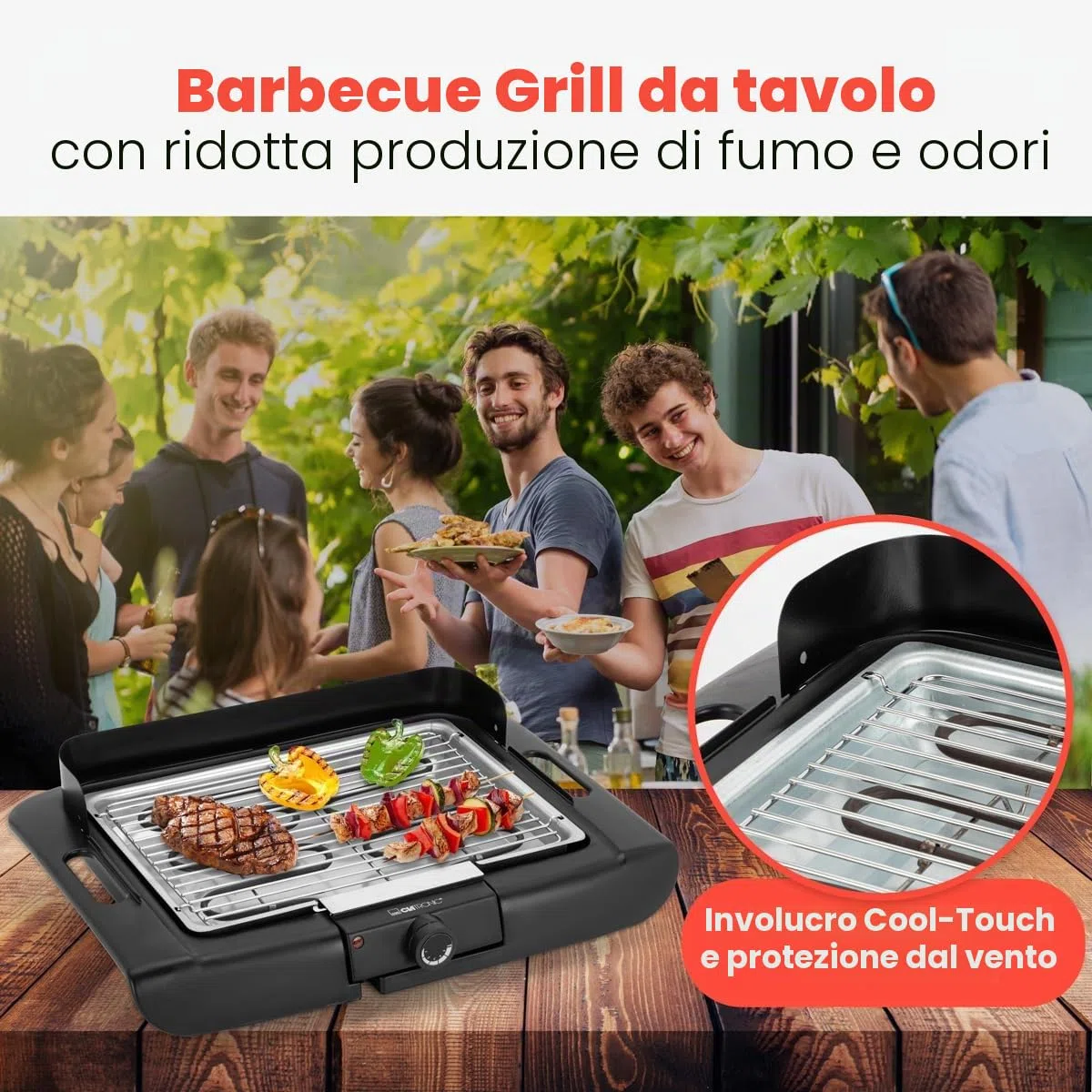 Griglia da tavolo per barbecue Clatronic | Griglia elettrica | Balcone e cucina | Griglia elettrica con paravento | Griglia con griglia cromata | Griglia da tavolo con involucro Cool Touch | BQ 3841