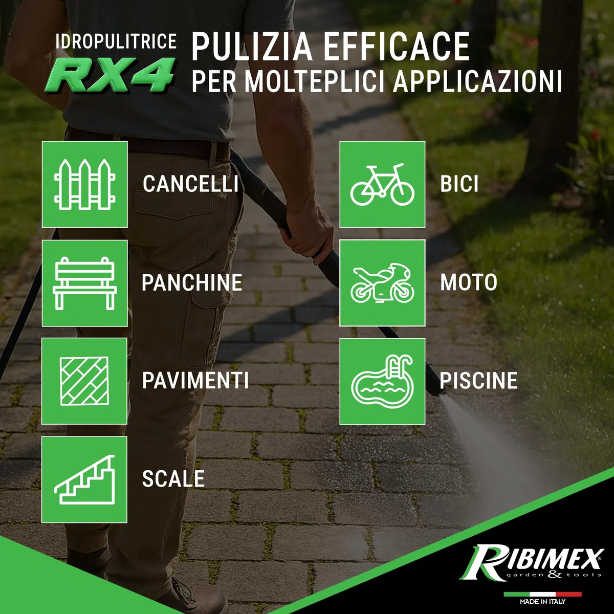 Ribimex Idropulitrice ad Alta Pressione RX4, 2200W, 160 Bar, 480 L/h, Getto Regolabile, Serbatoio Detergente 550 mL, Tubo da 5 m, Protezione IPX5, Arresto Automatico, Avvolgitubo Integrato - PRNHP04