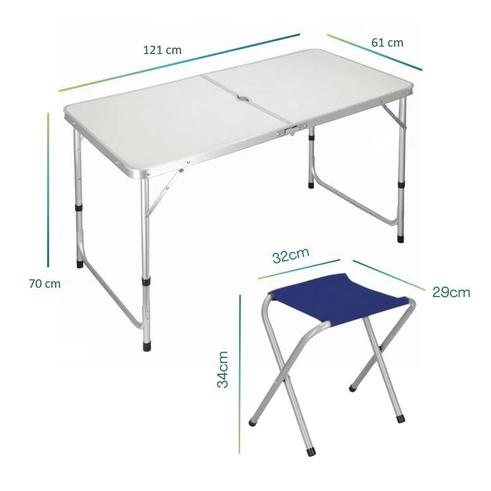 PALUPLUS Set Tavolo Campeggio in Alluminio con 4 Sgabelli pieghevoli di colore Blu, Tavolino da 121x61,5x70 cm, Design Pieghevole a Valigetta con Maniglia, Set per picnic, gita -8095F