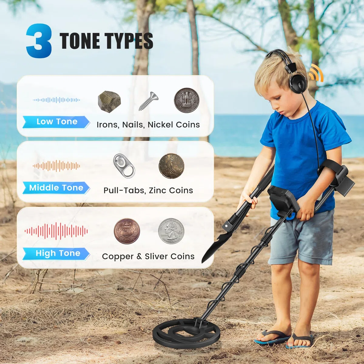 Metal detector professionale con 2 batterie, 5 modalità Metal detector per adulti e bambini, chip anti-interferenza, impermeabile IP68, alimentazione a batteria e USB (Grigio)
