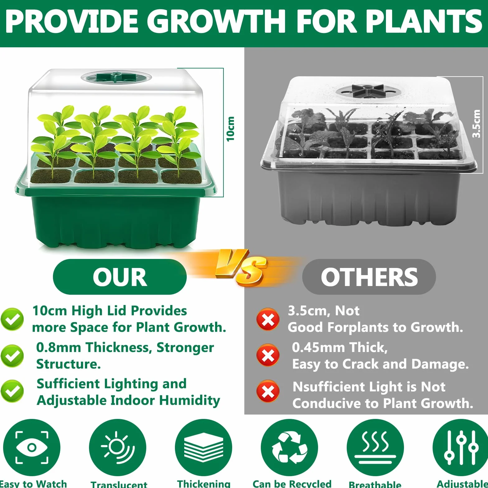 MOYKSRR Vassoi per semi, Vassoi Semina, 10 Pack 120 Celle Propagator Growing Addensano i Vassoi, Vassoi per Piante con Cupole Ventilate, per Germinazione, Strumento di Coltivazione in Mini Serra