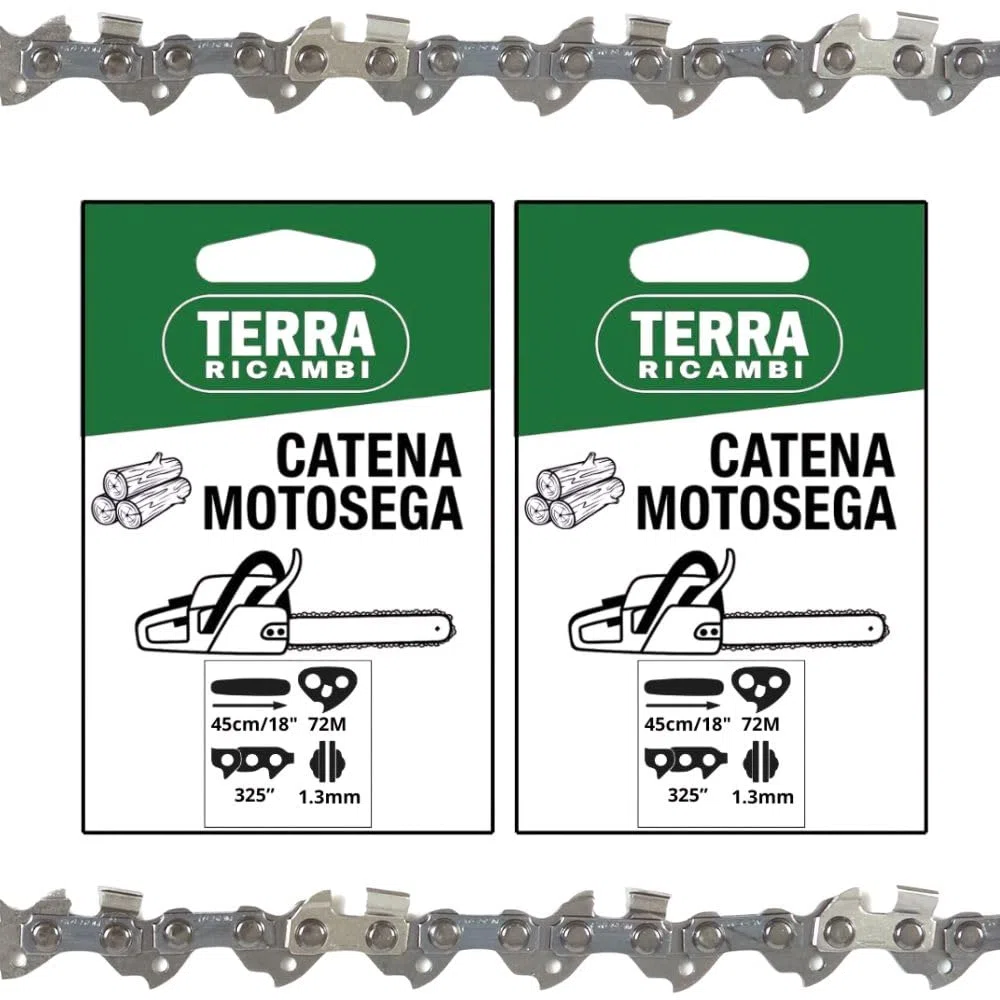 Set 2 Catene Motosega passo 325” spessore 1.3mm – 72 Maglie per Barra 45cm/18" – Basso Contraccolpo, Alta Durata – Qualità Tedesca Terra Ricambi – Per Uso Agricolo, Forestale e Fai da te.