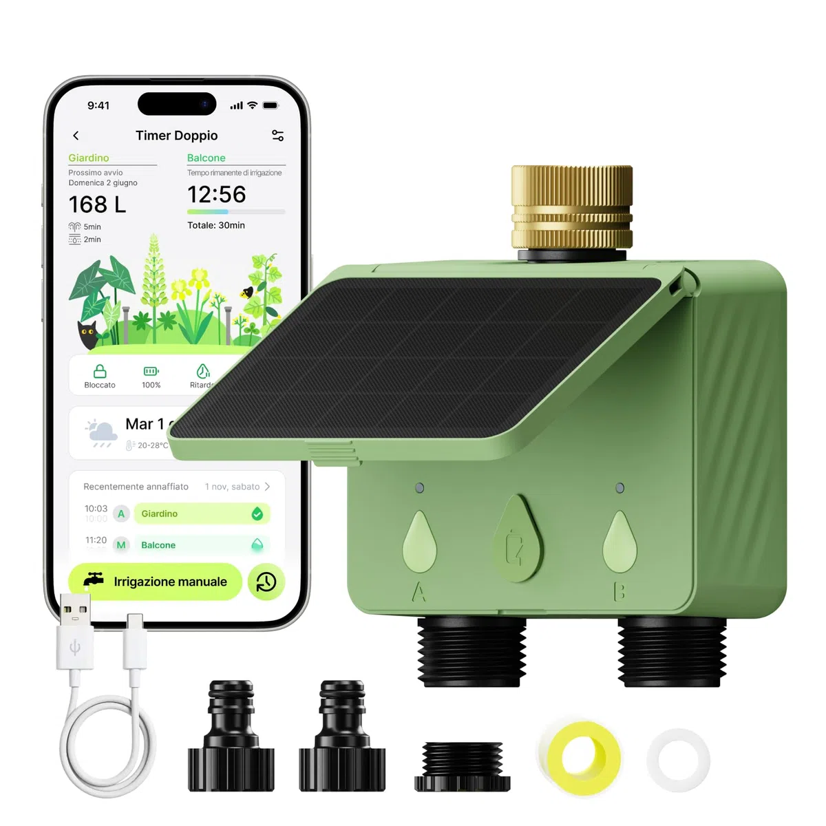 Centralina Irrigazione WiFi 2 Vie Solare, Computer Irrigazione Connesso con Flussometro, Senza Hub, Ingresso dell'acqua in Ottone, Irrigazione Automatica per Giardino (App/Alexa)