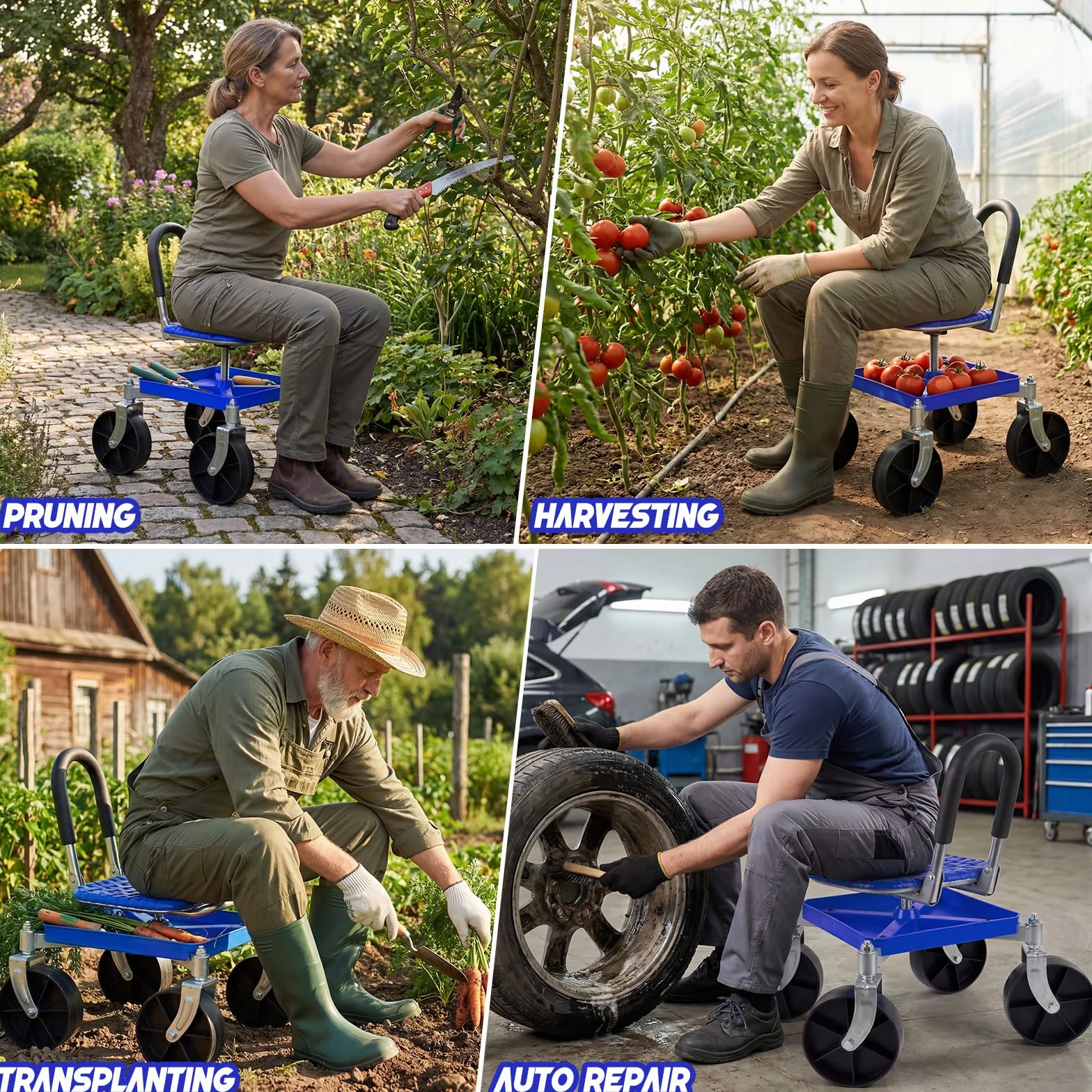 Sgabello da giardino con ruote da 150 kg - Sedile girevole a 360° e ruote, regolabile in altezza da 51-61 cm - Sgabello robusto per giardino e garage con guanti per diserbo, piantare e pulire l'auto