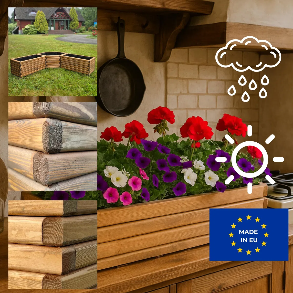 Fioriera in Legno con Tessuto Non Tessuto 118x25x25 cm cm Legno Massello Impregnato Colore Teak Vaso da Esterno per Giardino Balcone e Terrazza, Resistente alle Intemperie, 43L