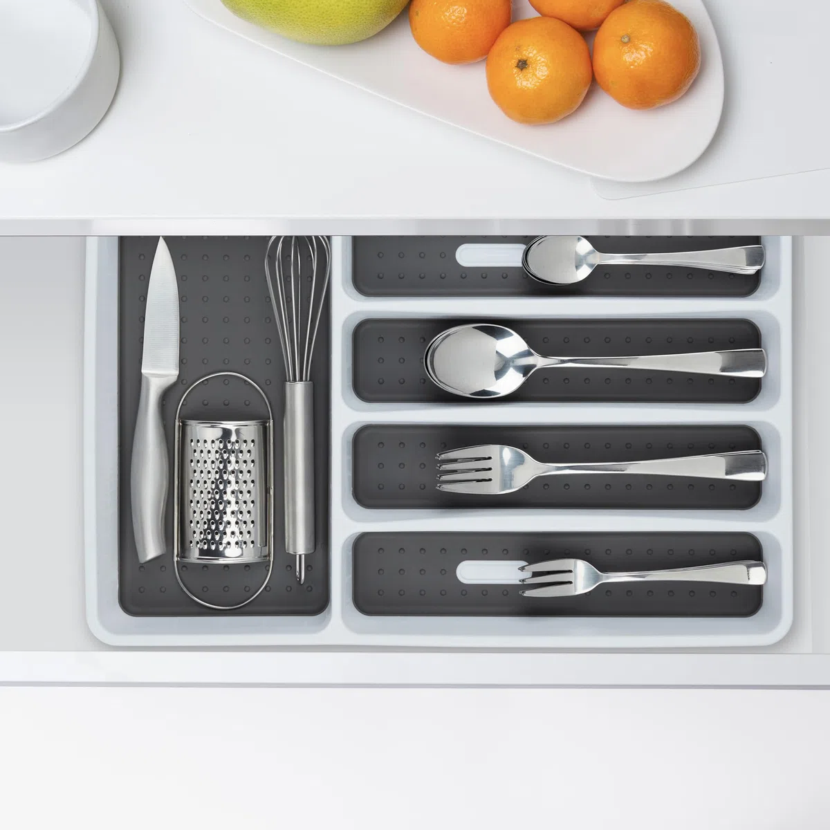 Relaxdays Portaposate da Cassetto, Divisore per Posate, Organizer da Cucina, HxLxP: 4,5 x 33 x 40 cm, Bianco Grigio