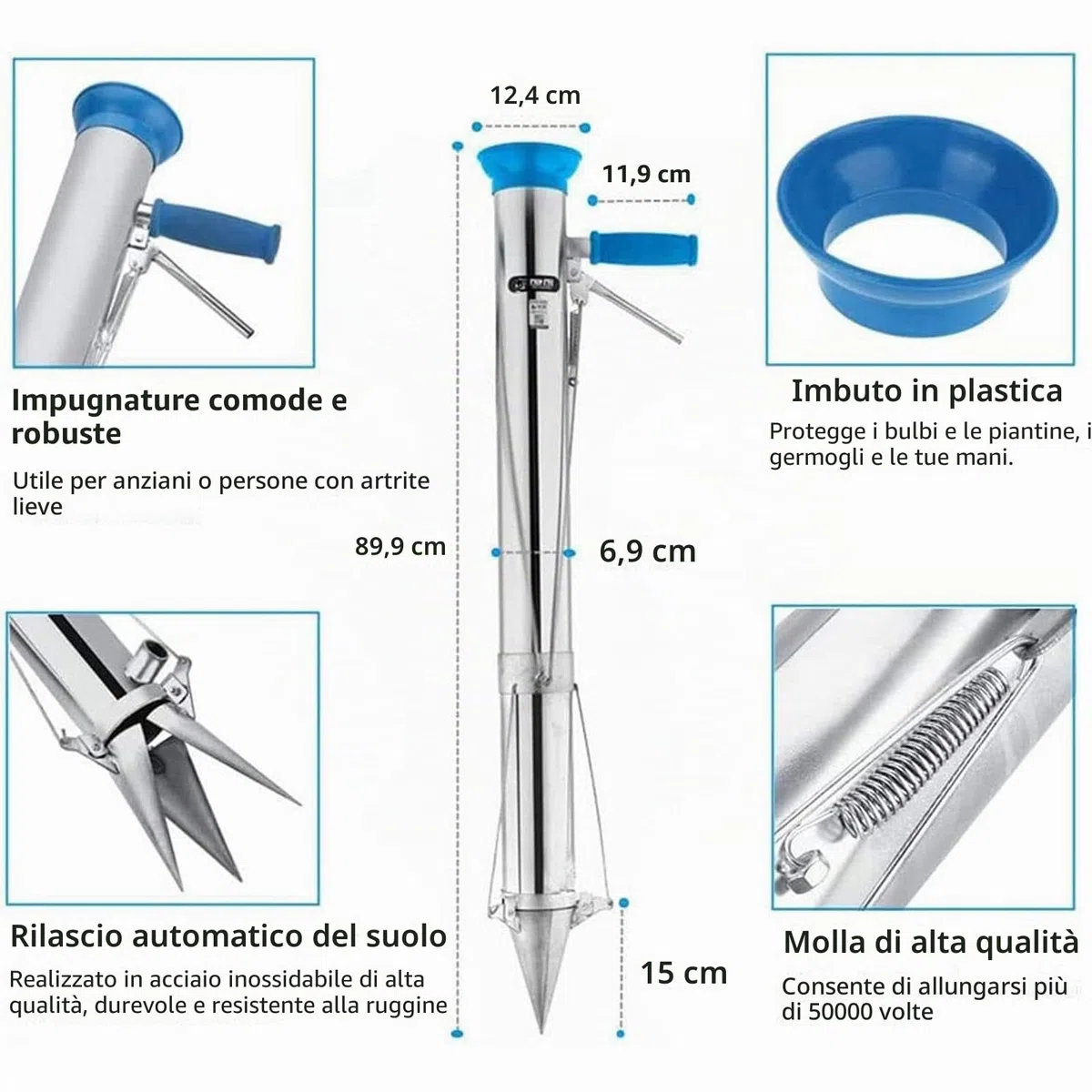 Trapiantatore per piantine di verdure - Manico lungo con piantatore di bulbi con impugnatura morbida, profondità di 12 cm, comodo per piantare in giardino, cortile, serra