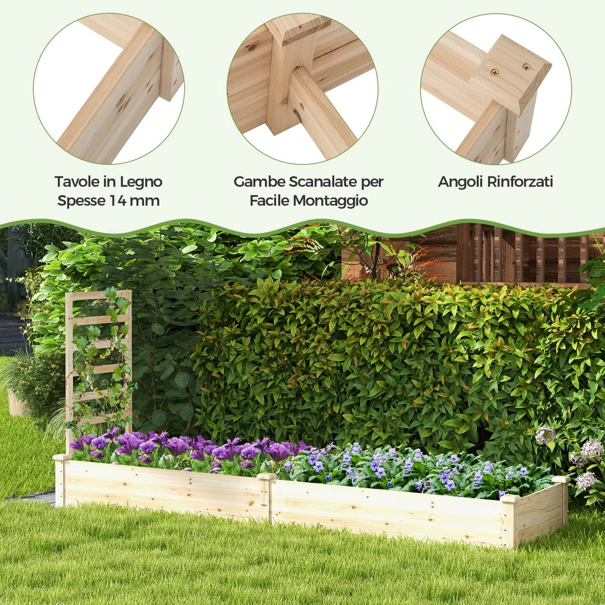 COSTWAY Fioriera da Esterno e Traliccio, Letto Rialzato in Legno per Fiori, Erbe, Verdure, Frutta e Viti Rampicanti, Aiuola Elevata da Giardino con Spalliera, 235CM x 63CM x 102CM (Naturale)