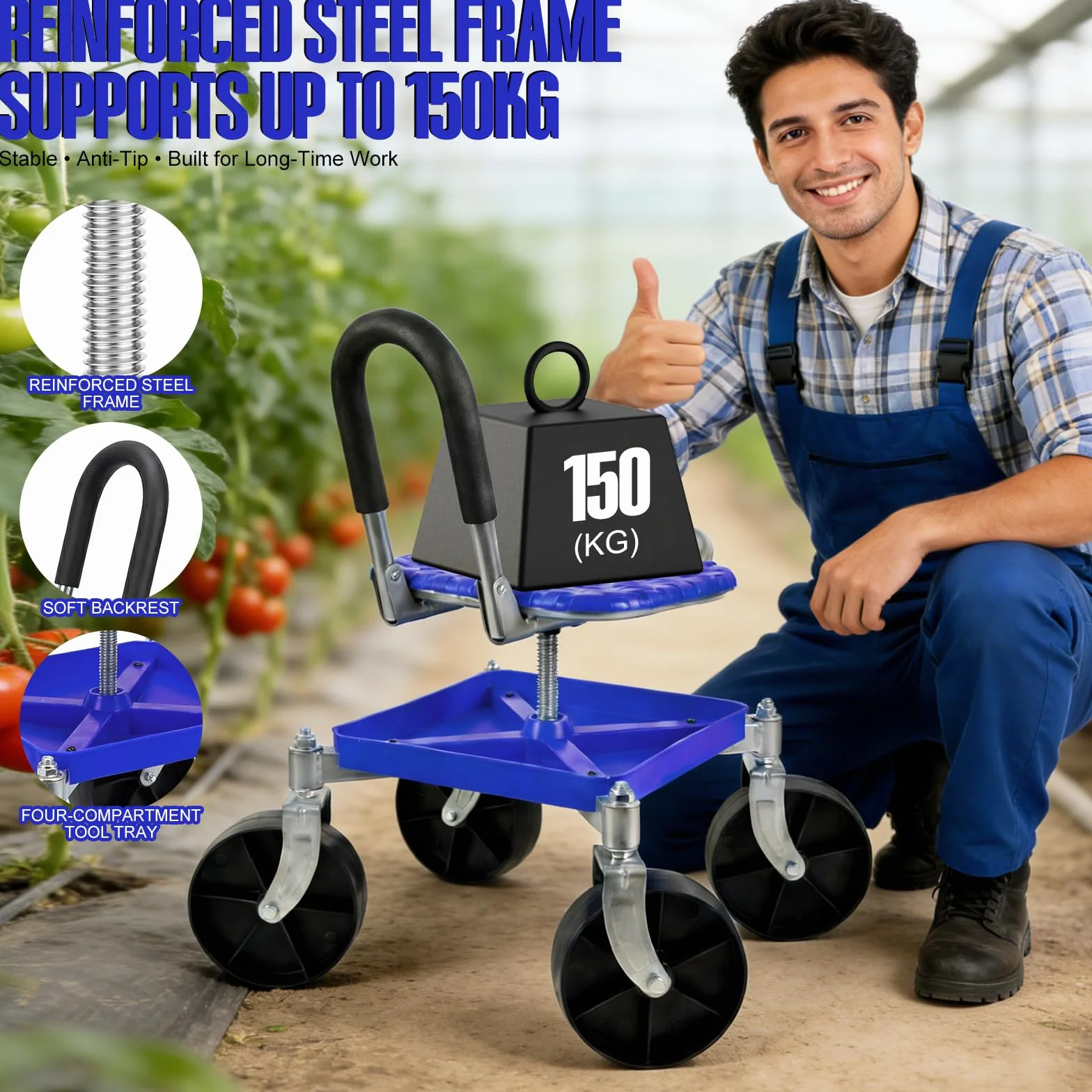 Sgabello da giardino con ruote da 150 kg - Sedile girevole a 360° e ruote, regolabile in altezza da 51-61 cm - Sgabello robusto per giardino e garage con guanti per diserbo, piantare e pulire l'auto