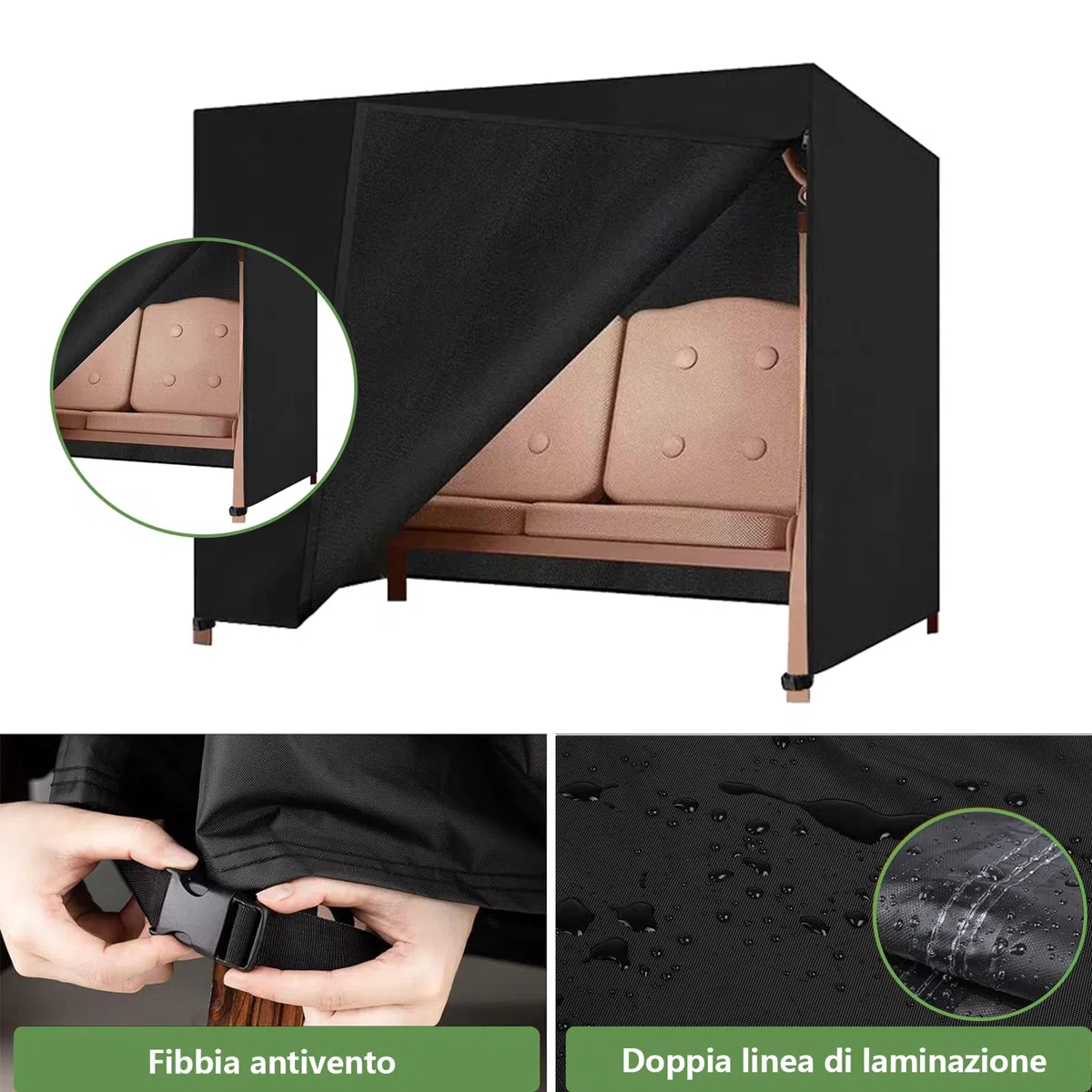 Copertura per Dondolo da Giardino a 3 Posti, 220x135x170cm Tessuto Oxford 600D Anti-UV, Impermeabile, Antivento, Copertura Protettiva per Altalena da Giardino (Nero)